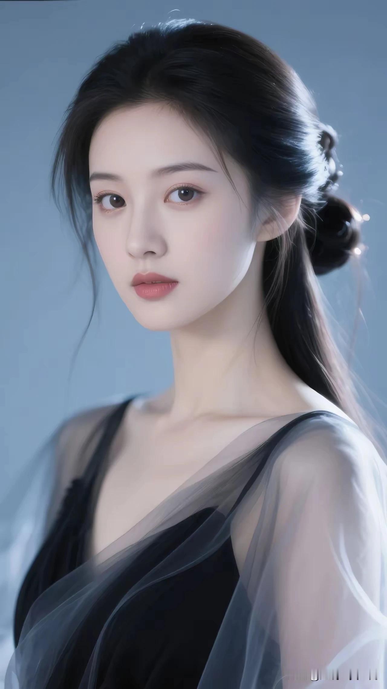 黑色吊带衬娇容，眸若秋水映繁星。优雅黑纱，温柔女神。天生丽质，国色天香。