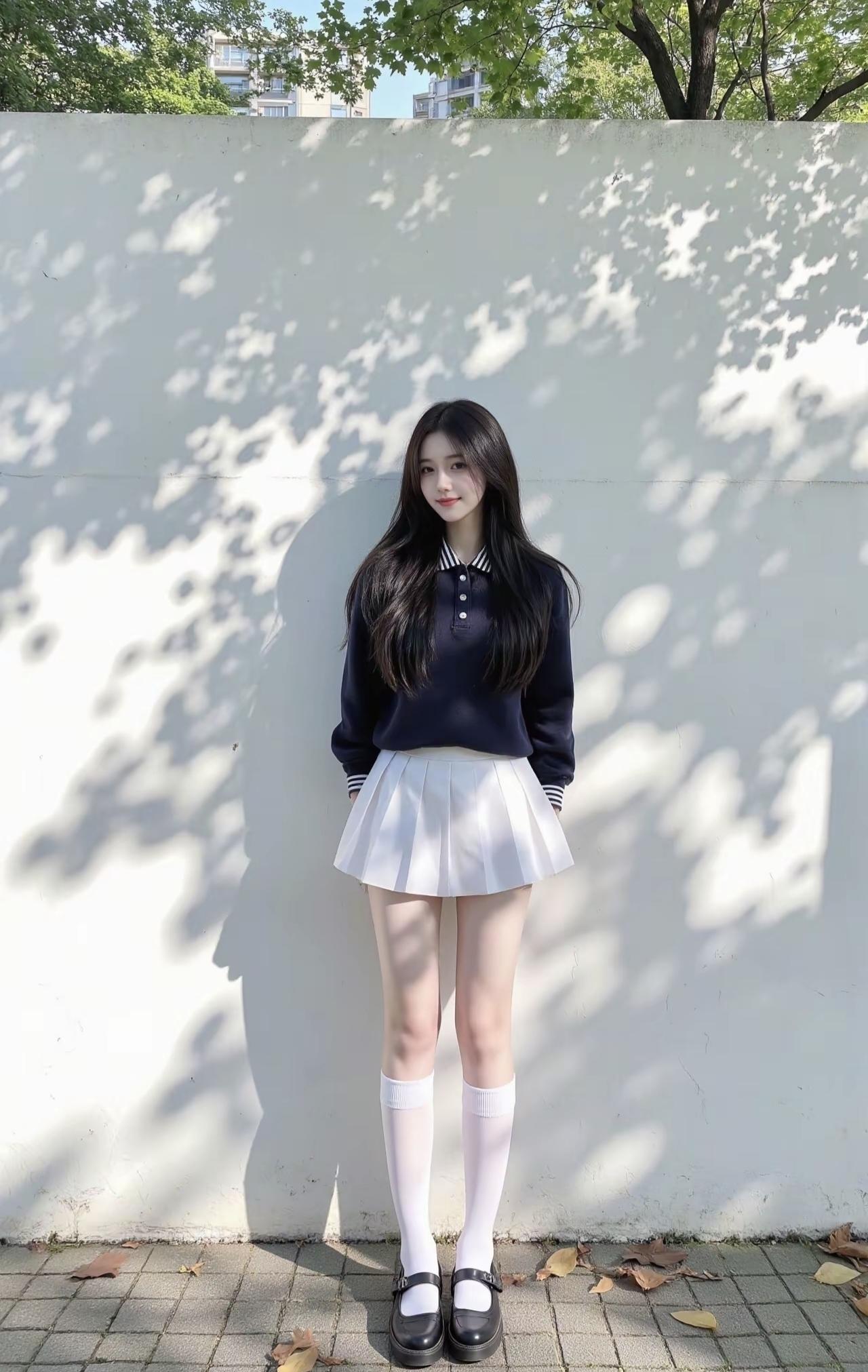 墙和树影平分了春天的光，藏在百褶裙里的风，是今天最轻快的注脚。