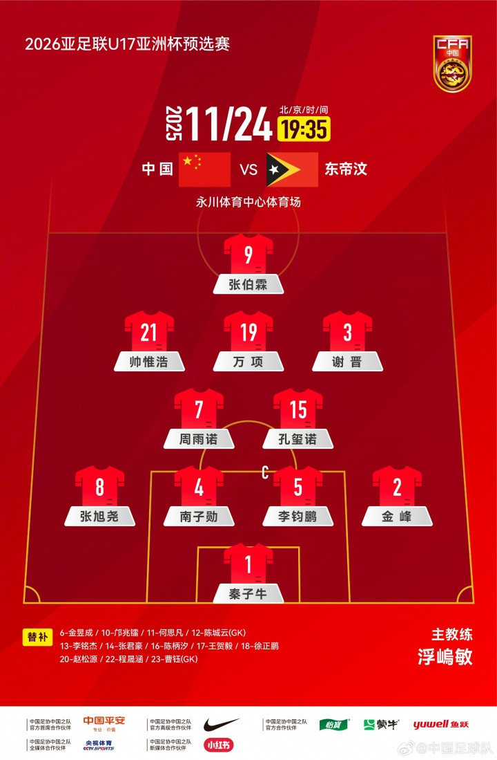U17亚洲杯预选赛A组第二轮，中国vs东帝汶，赛前首发阵容已经公布，比赛将在19