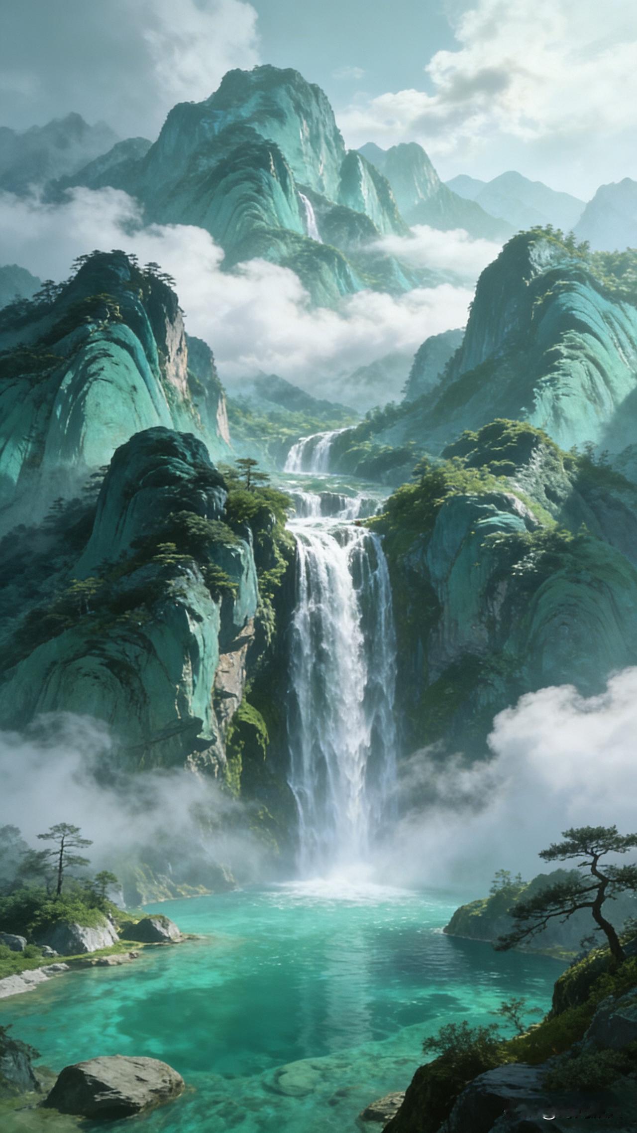 今早我看到此图手痒出了个上联，谁来对个下联？上联：青山叠翠，飞瀑流泉，一轴水