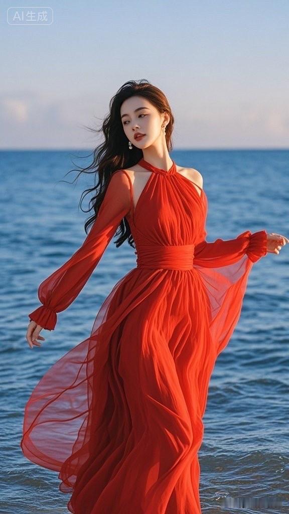 海边红裙女子，优雅又迷人。