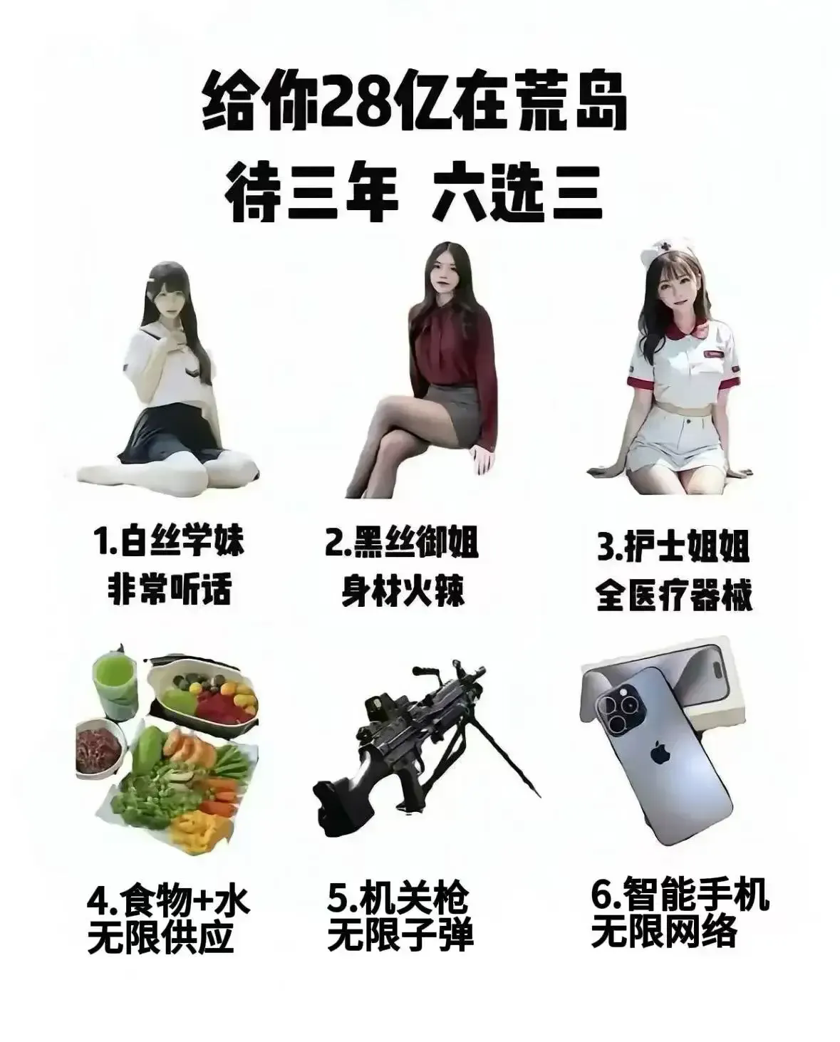 在荒岛待3年，六选三，你会怎么选？