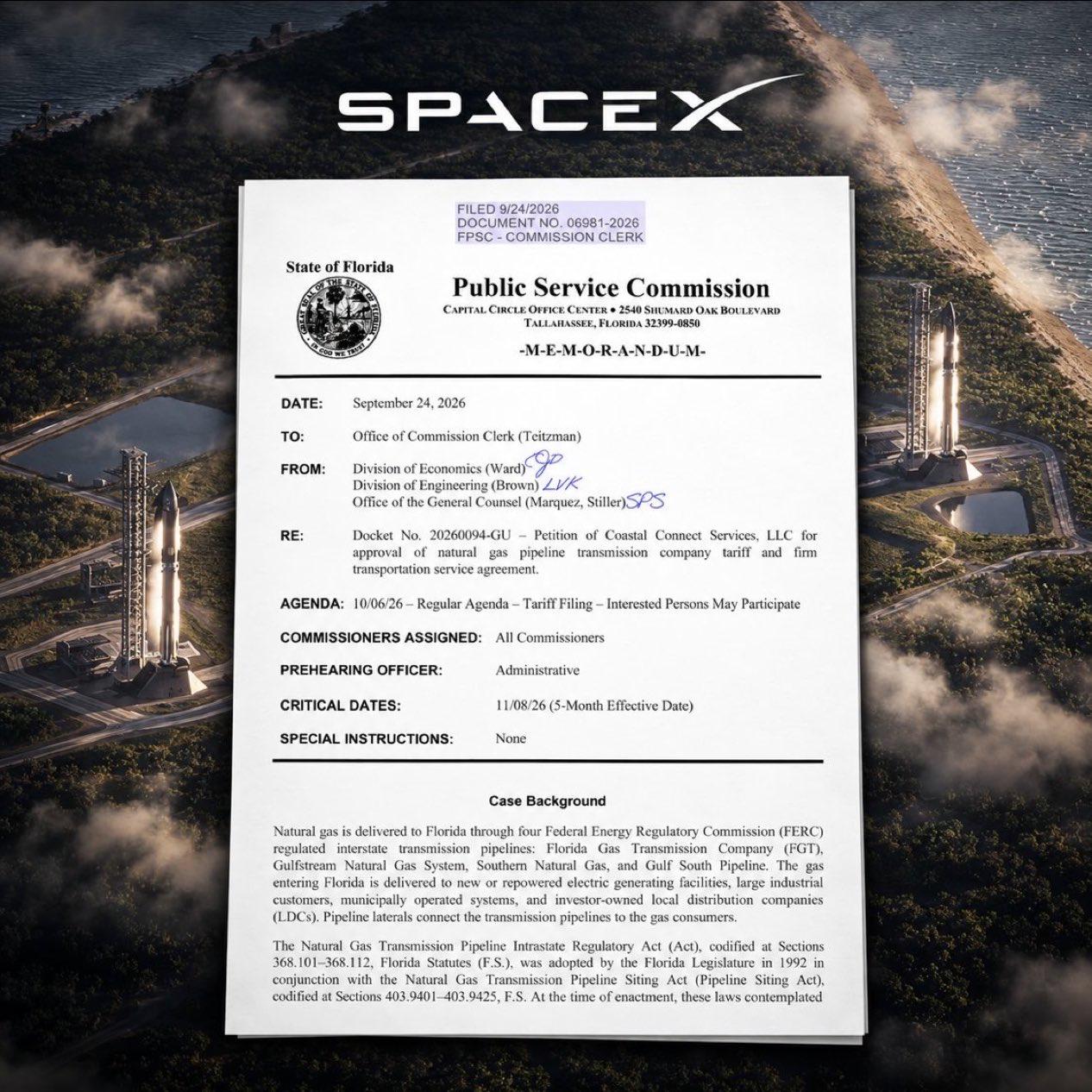 SpaceX正在申请建设一条长达32.4英里（约52公里）的专用天然气