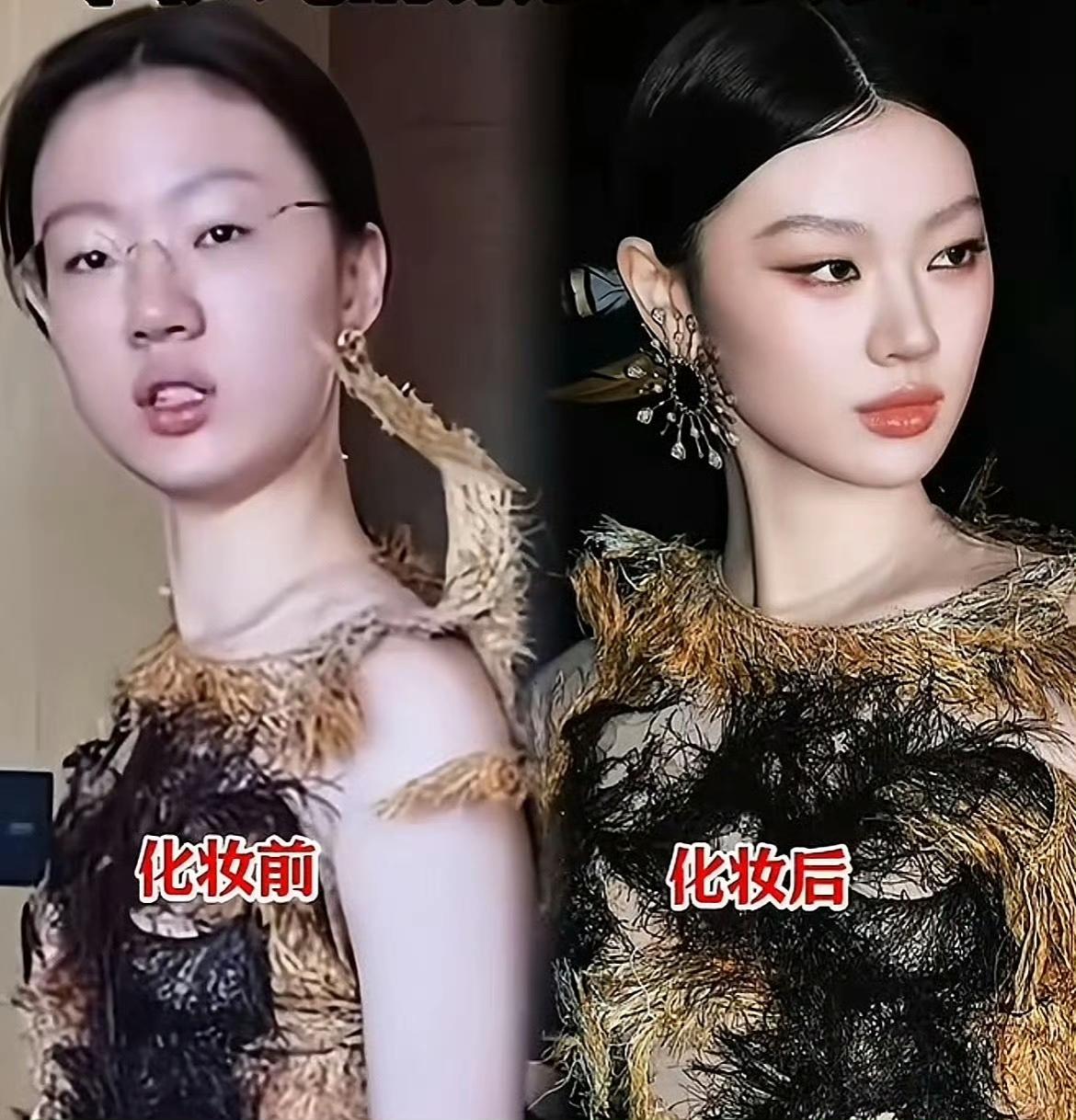 单依纯素颜差点没认出来，化妆前后差距这么大，可能是眼镜的缘故吧。单依纯是真不在意