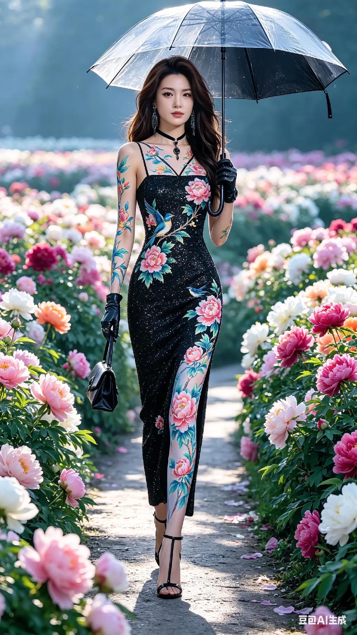 美女全身画上花花朵朵，站在花海中悠闲漫步，相映成趣不违和，你喜欢全身画画吗？