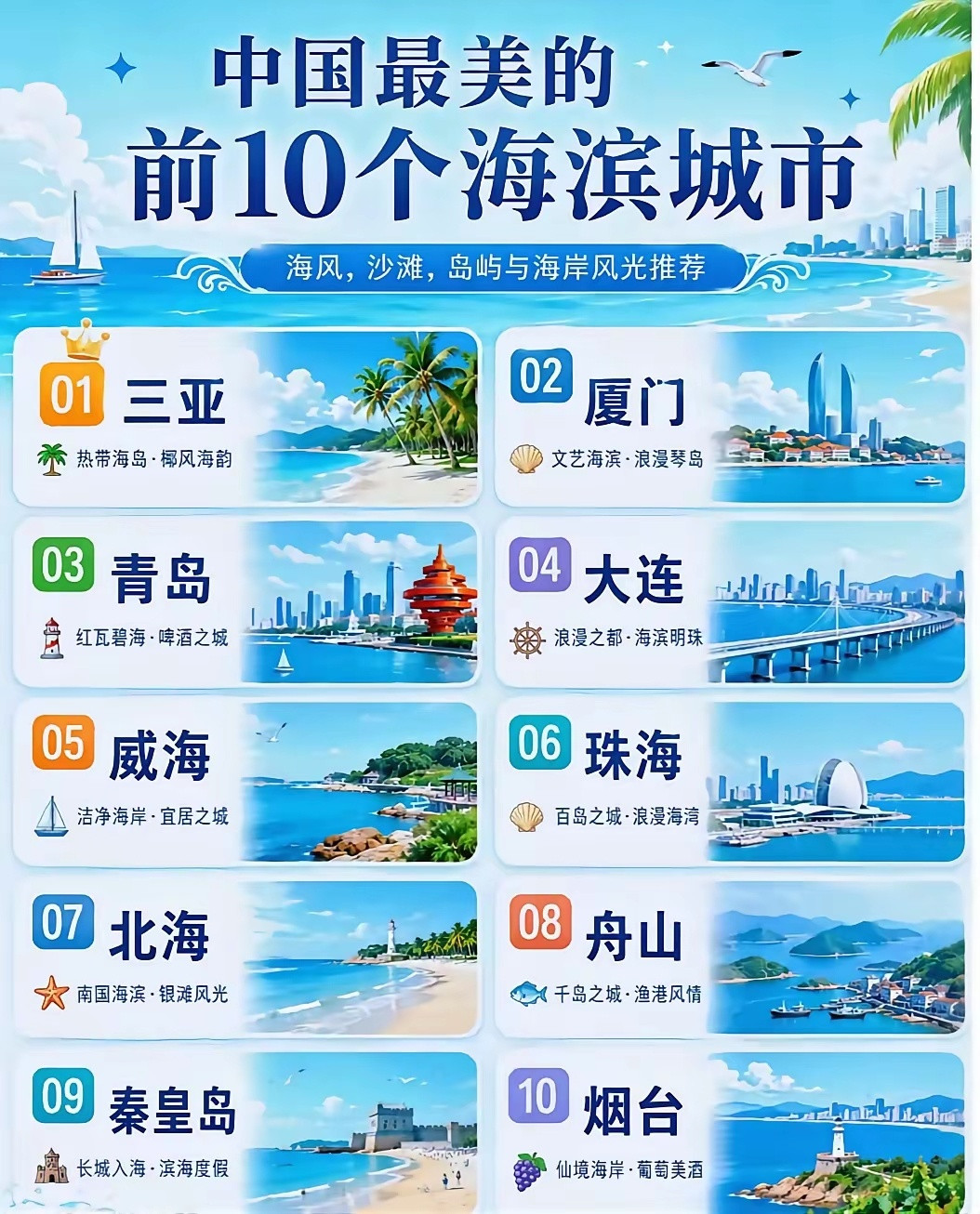 中国最美的十个海滨城市一，三亚二，厦门三，青岛四，大连五，威海六，珠海七，北海八