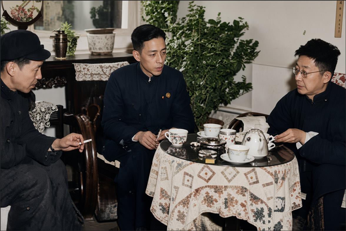 1950年代，北京老舍家中，三位大文豪围坐在铺着碎花桌布的圆桌旁，桌上摆放着茶具