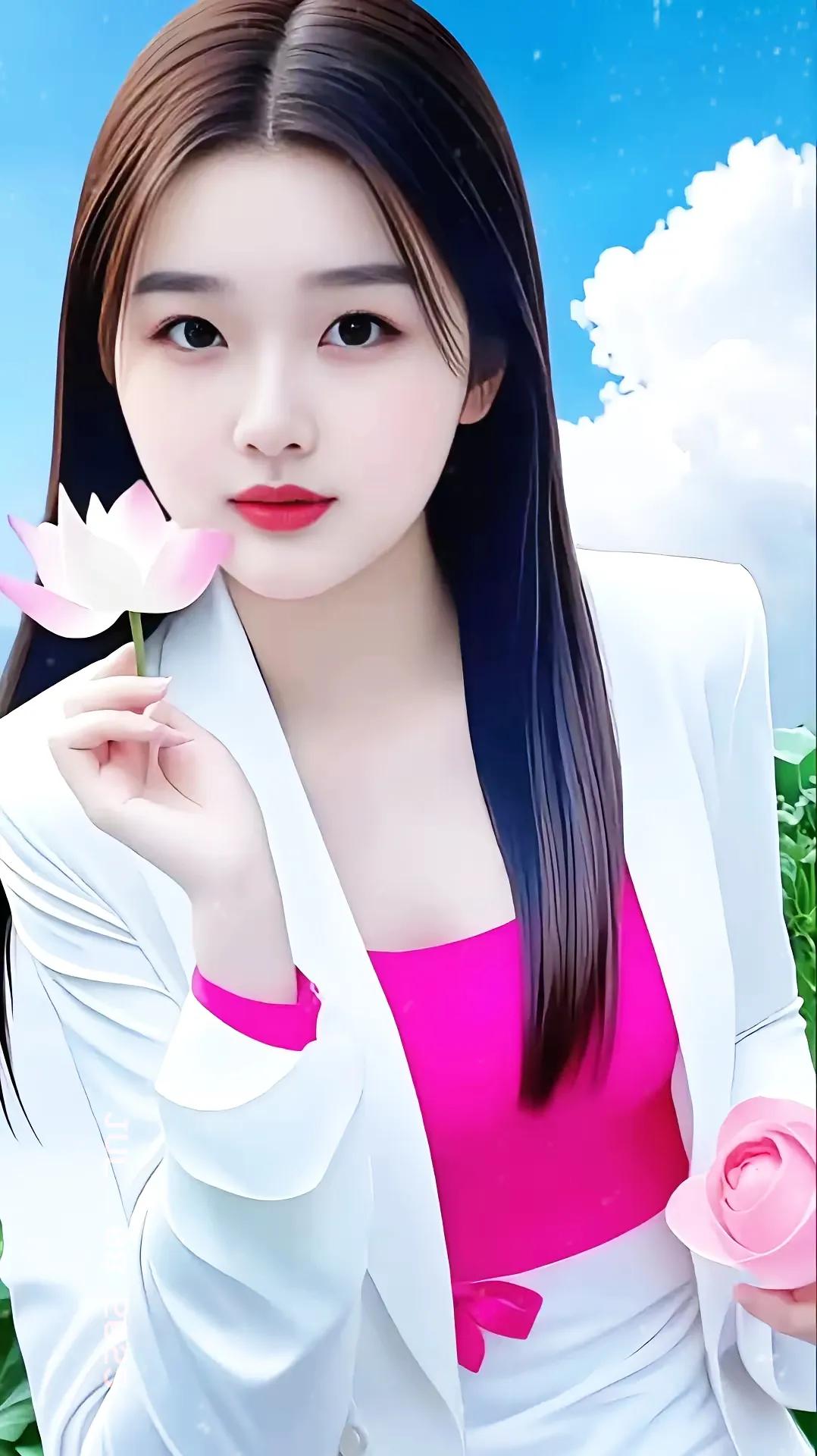 粉嫩少女心，白衣粉裙，手持粉花，清新自然，元气满满！🌸💕