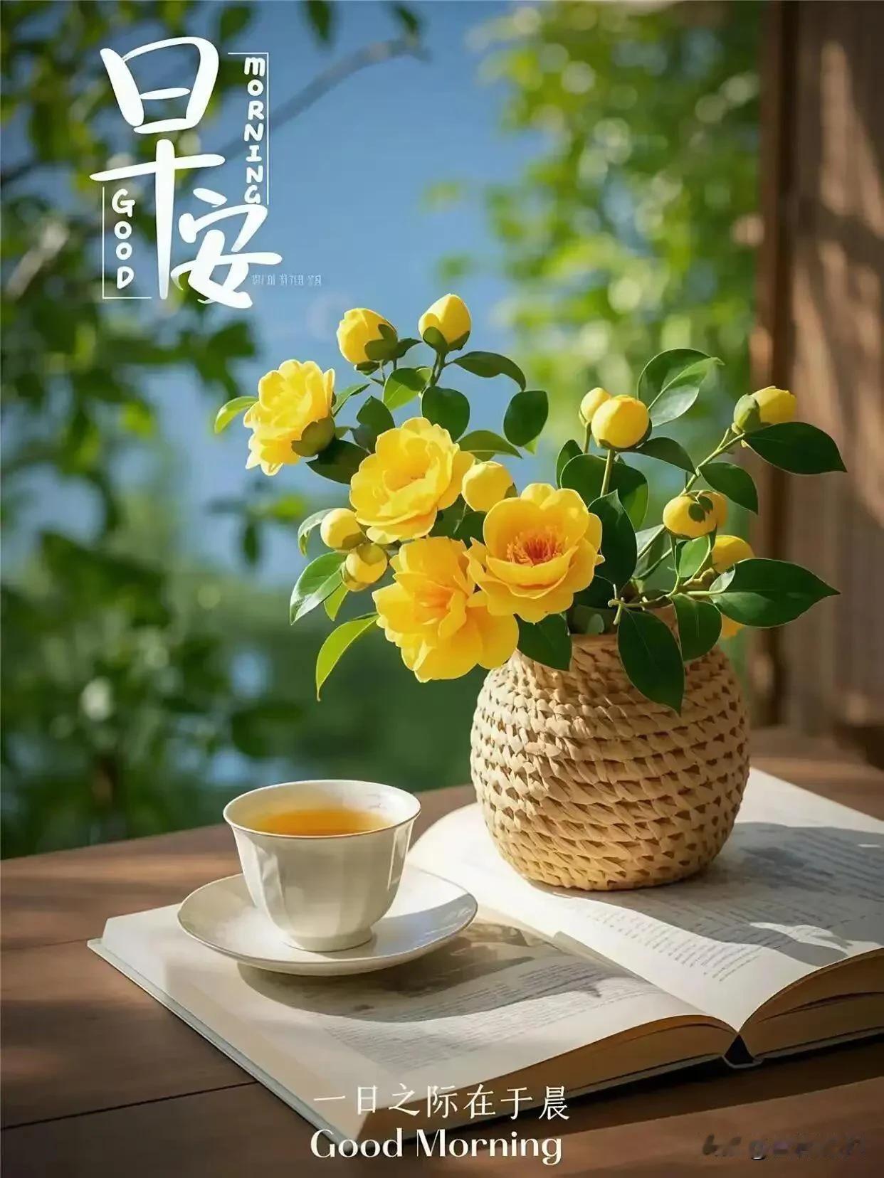  花伴清茶，晨光入卷，早安，愿岁岁安康。