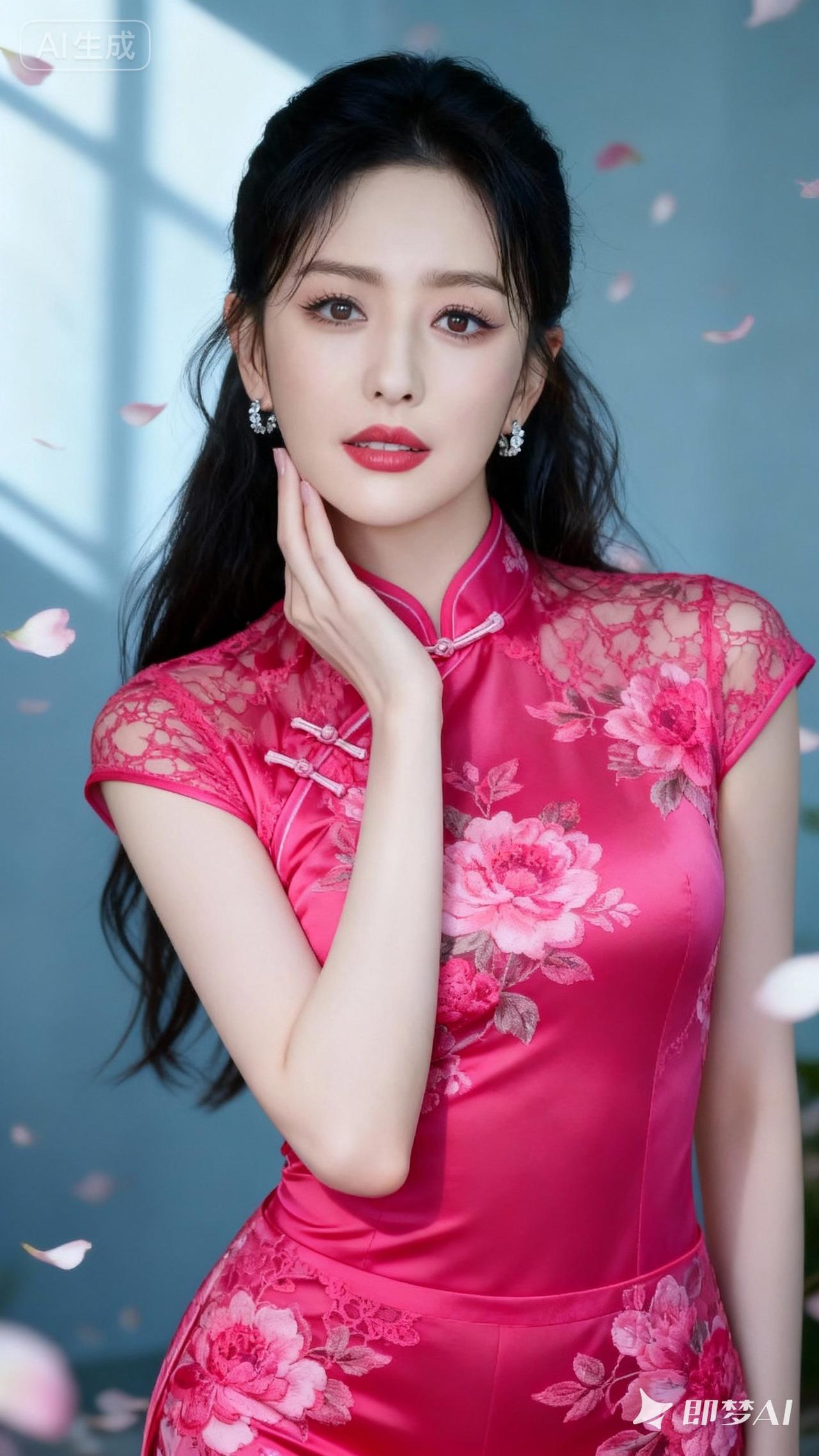 优雅旗袍风，粉色花朵点缀，尽显东方韵味