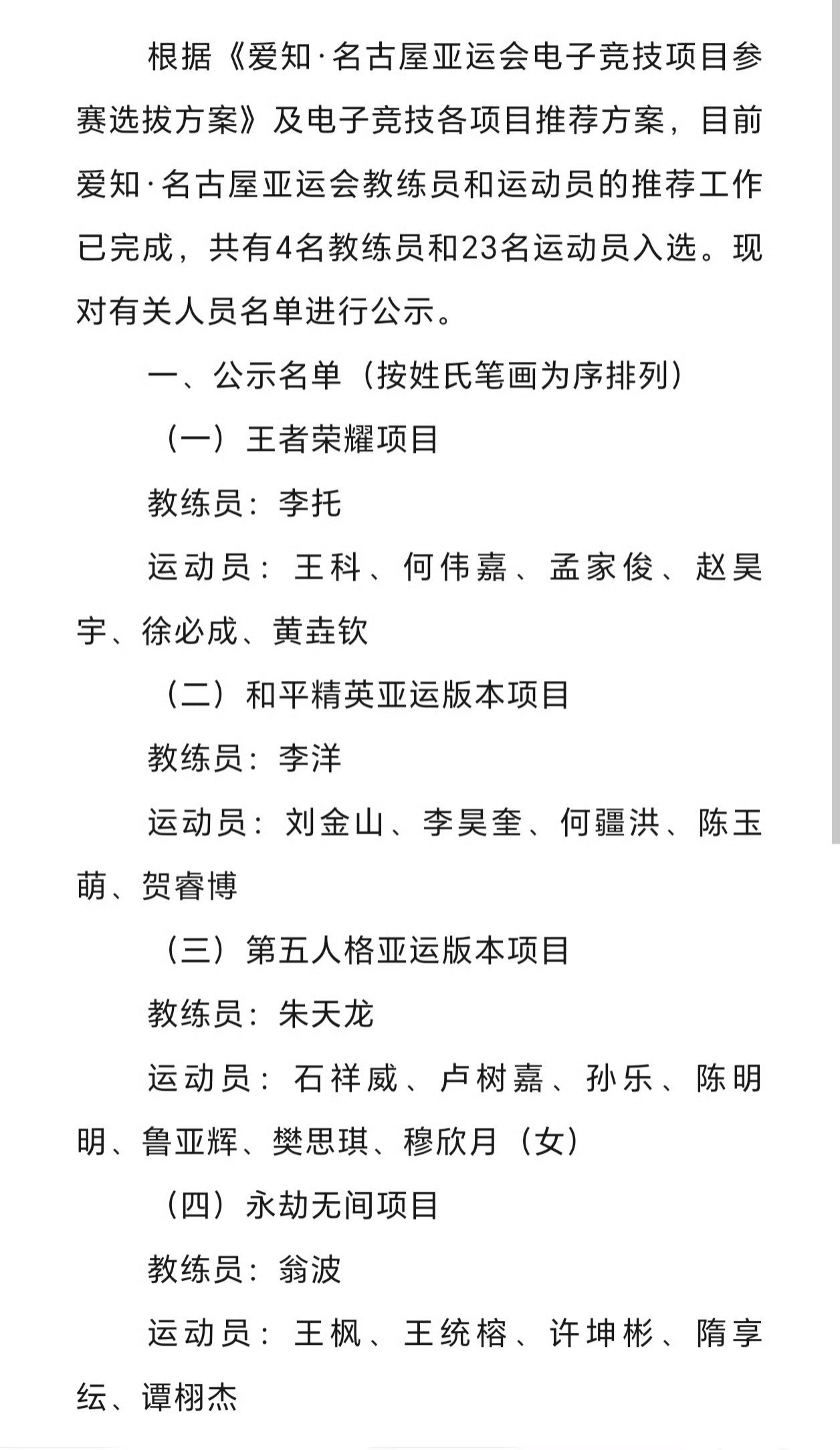 kpl亚运会入选名单kpl亚运会参赛名单对抗路:小落、无言打野：句号中路：清融射
