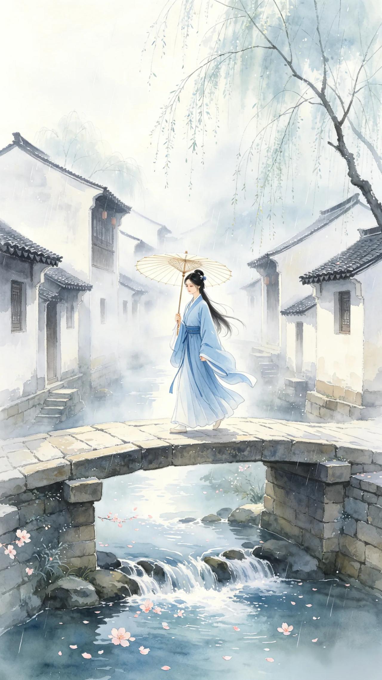 江南好，烟雨旧时光。白墙黛瓦春如水，伞底清眸柳带霜。花落小桥旁。烟雨入江