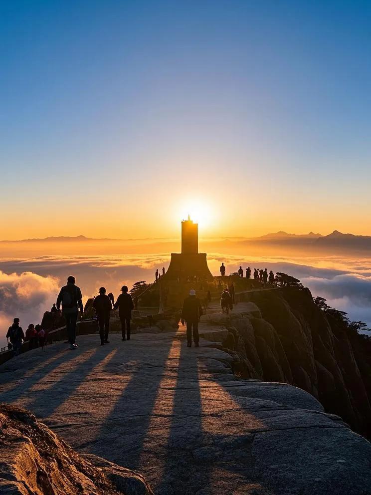 黄山夕阳下，光明顶平坦开阔，余晖洒身，让人仿若能触天边云彩。黄山顶峰看云海黄山