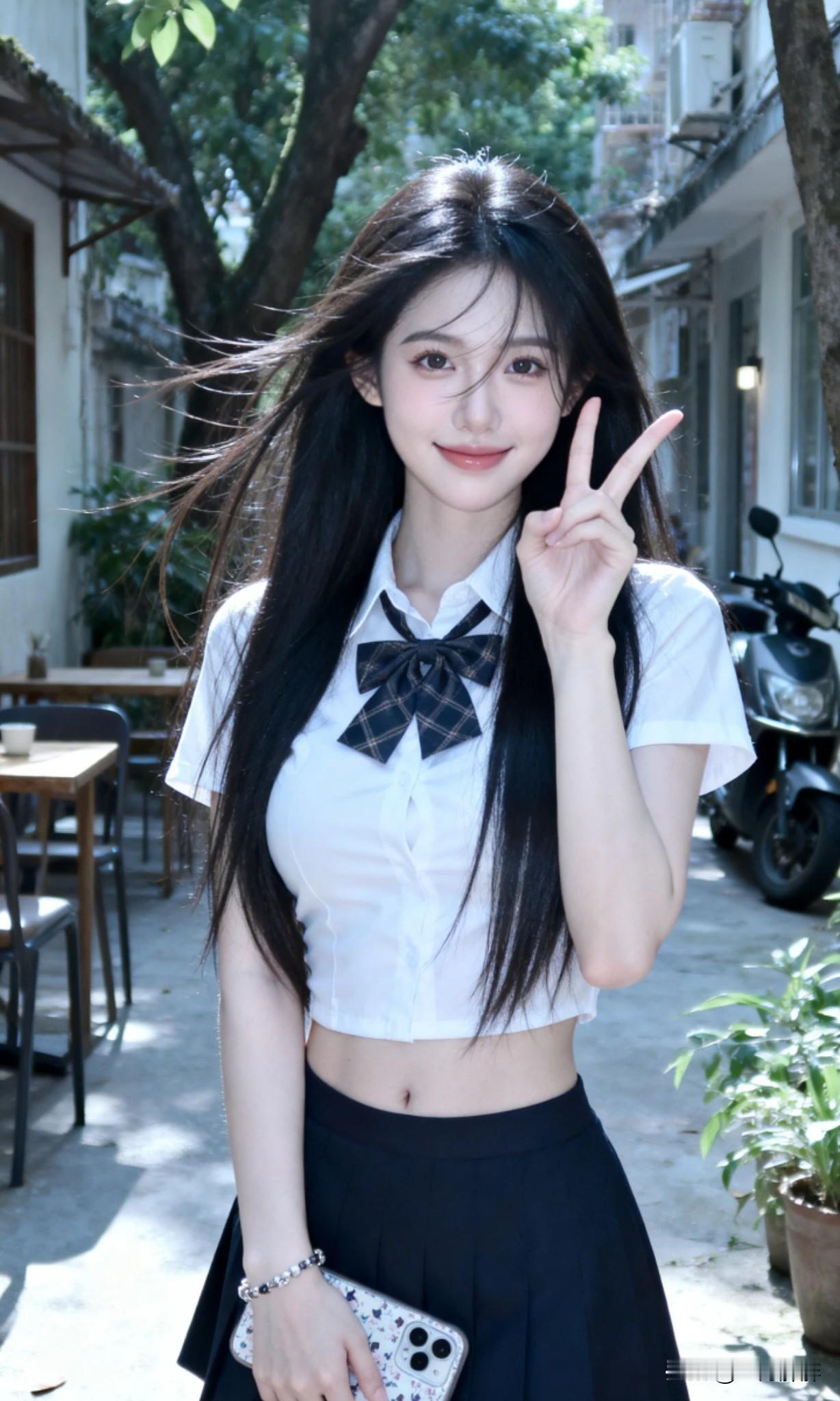 一个穿校服的女孩一手拿手机，一手比V，面对镜头微笑，实在可爱。甜美女自拍