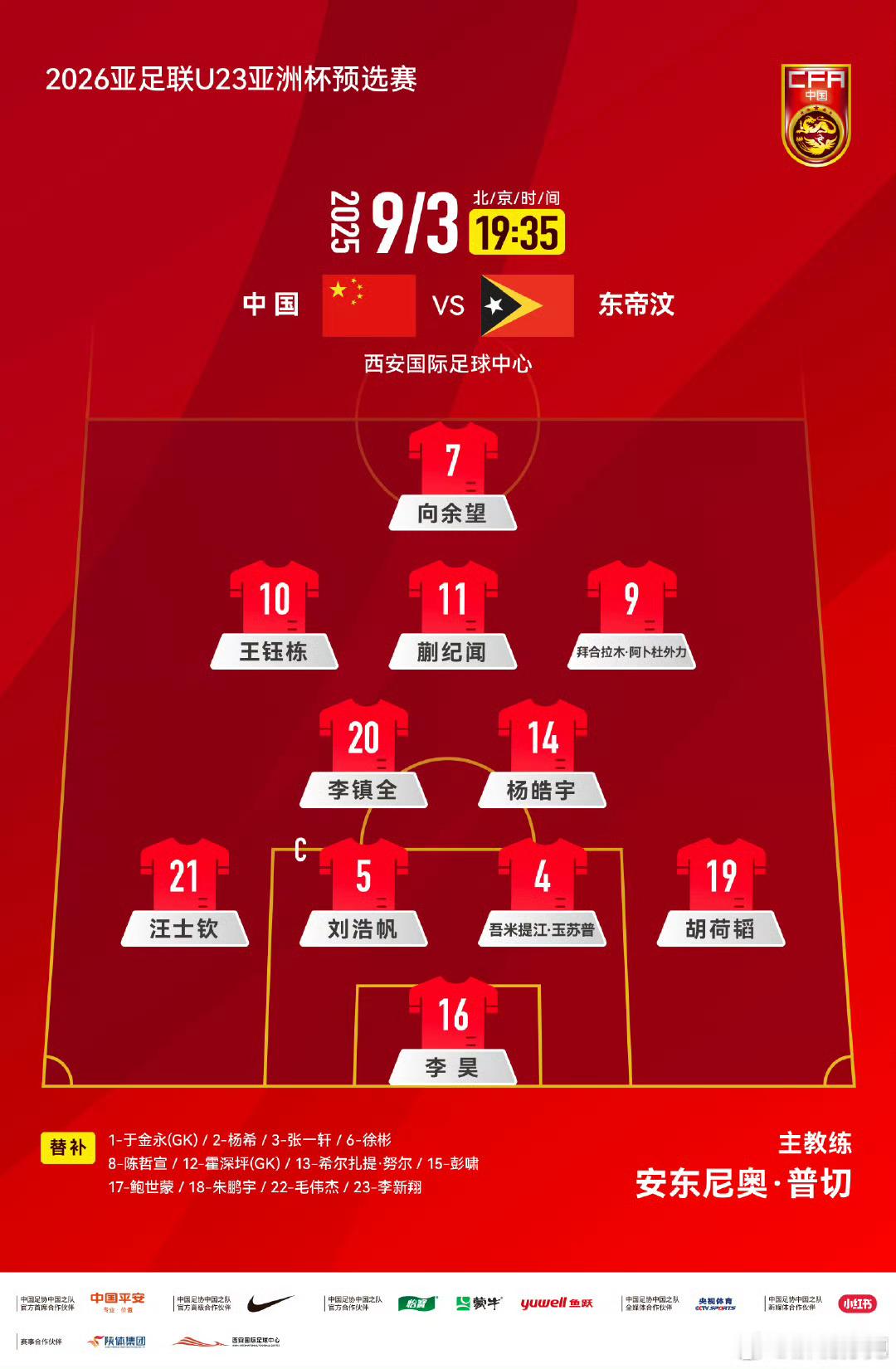 中国U23首发阵容！​​​