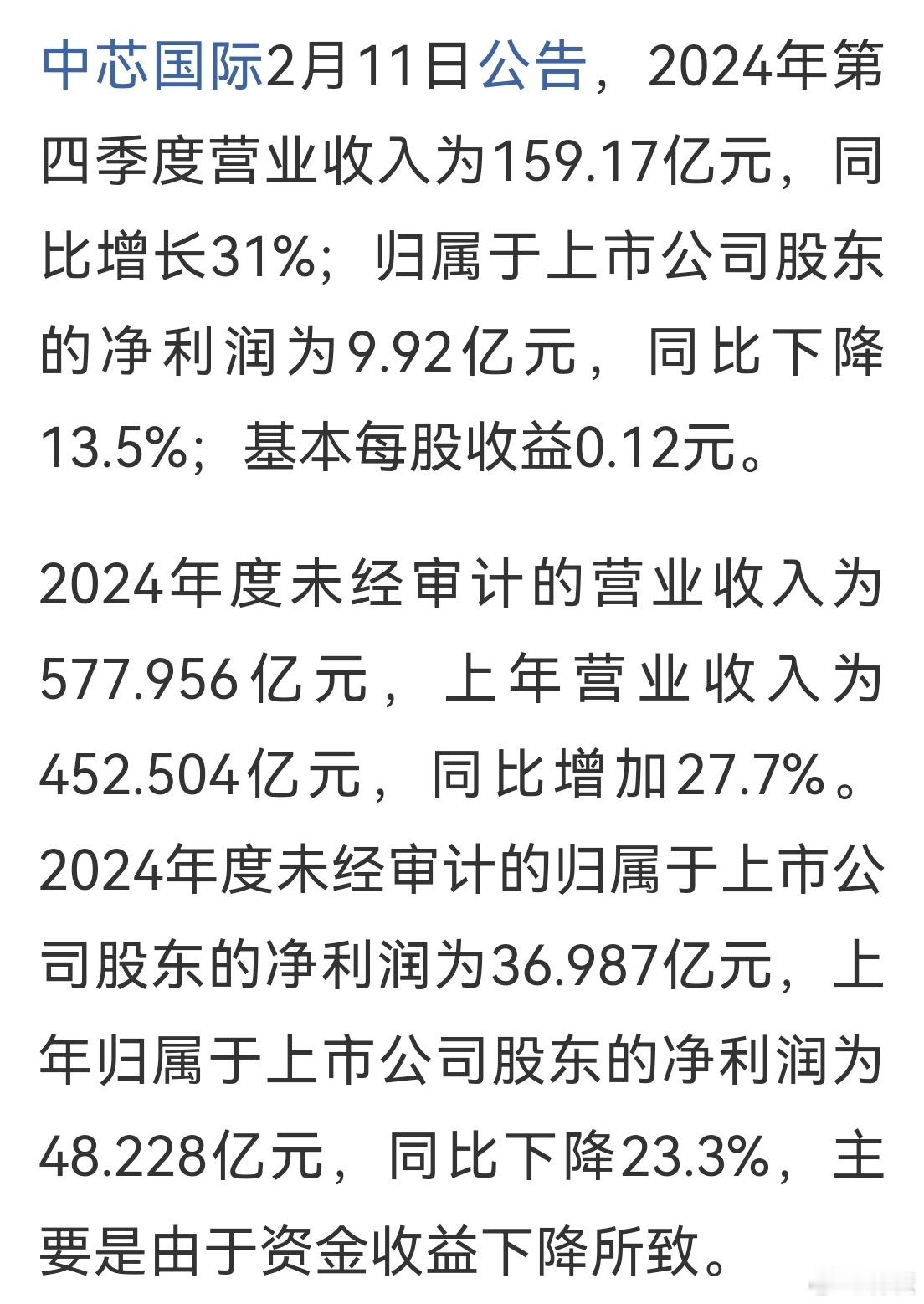 中芯国际2024年度未经审计的营业收入为577.956亿元，上年营业收入为452