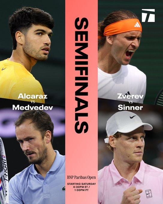 印第安维尔斯男单半决赛明晨预告04:30，[2]辛纳vs[4]亚-兹韦列夫