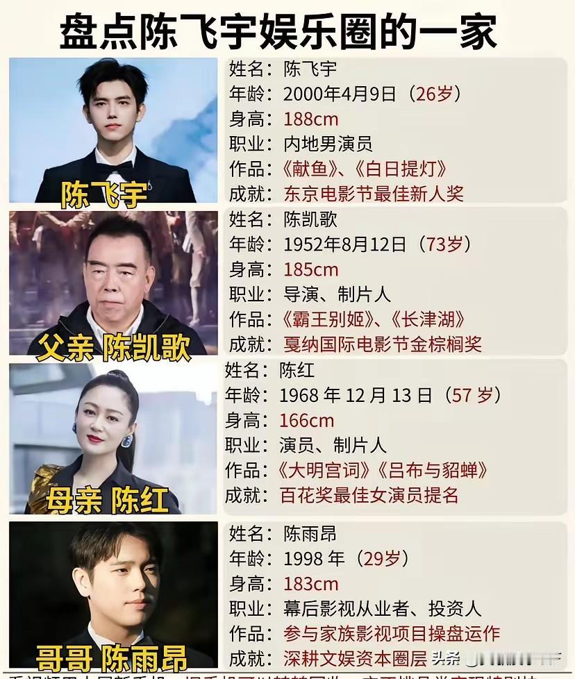 陈飞宇这一家子，在娱乐圈那是真顶配。老爸陈凯歌，国内顶级大导演，拍过的经典电影