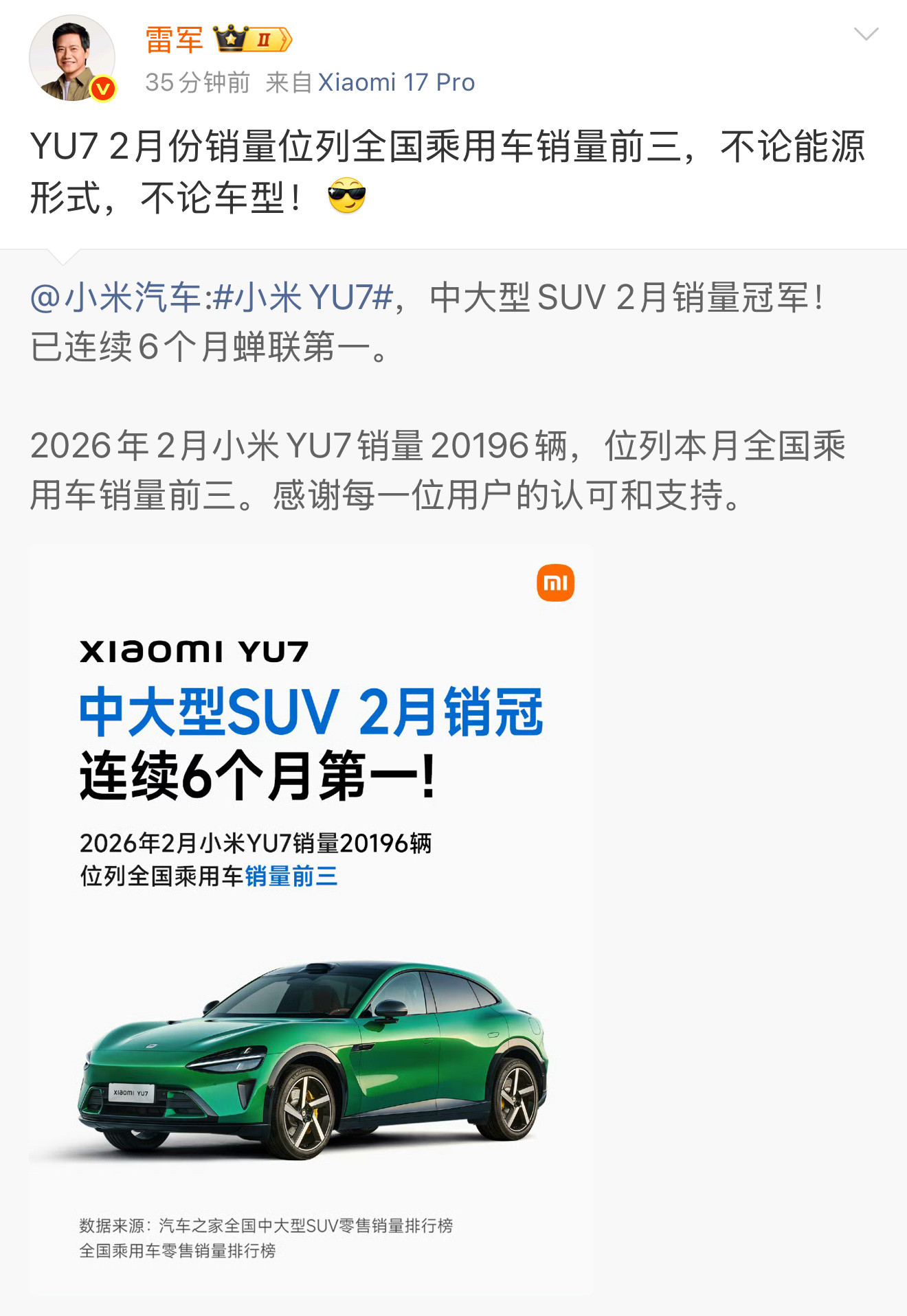 雷军：“YU72月份销量位列全国乘用车销量前三，不论能源形式，不论车型！”隔着