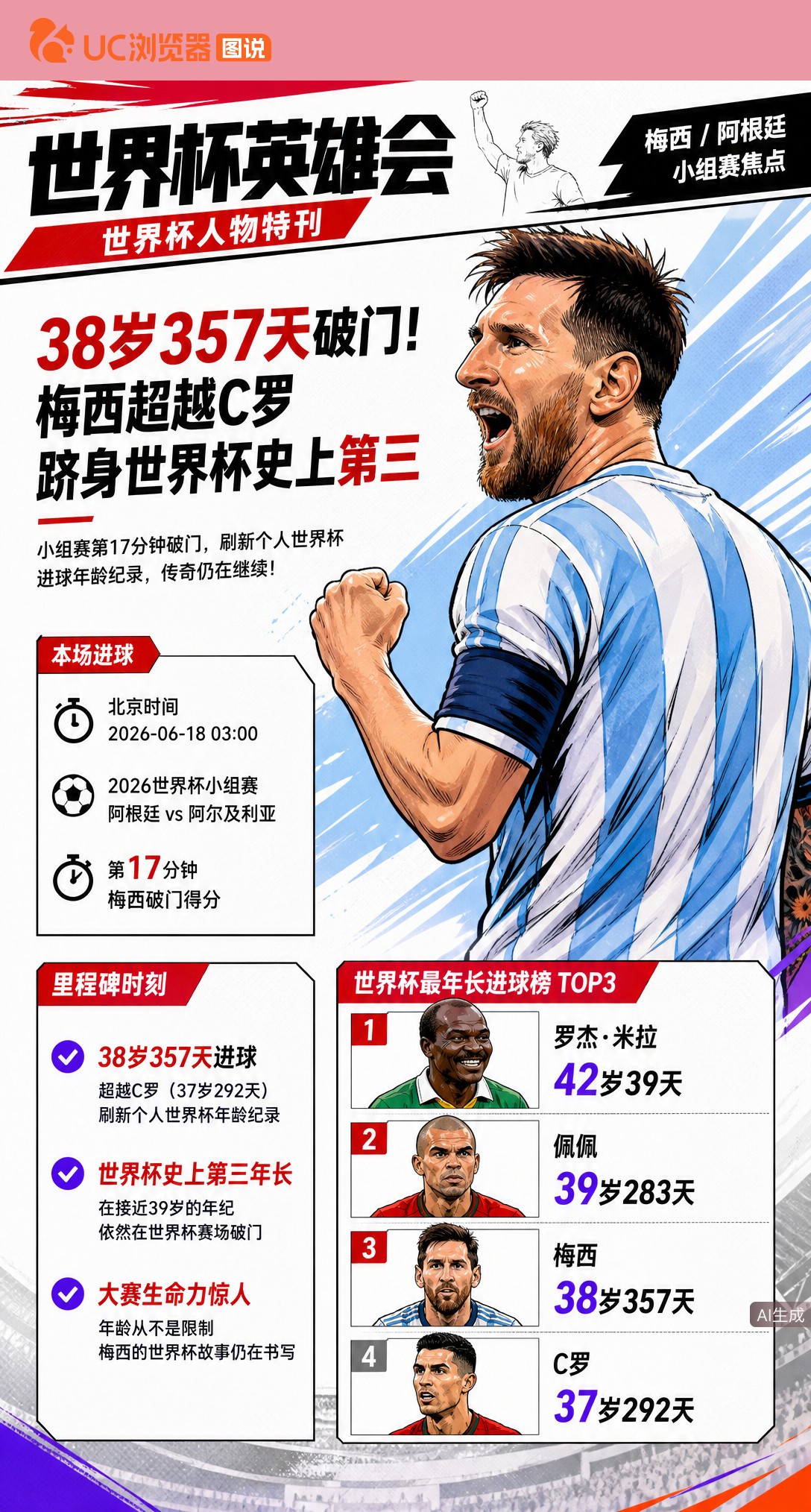 38岁357天破门！梅西超越C罗跻身世界杯史上第三年长进球者