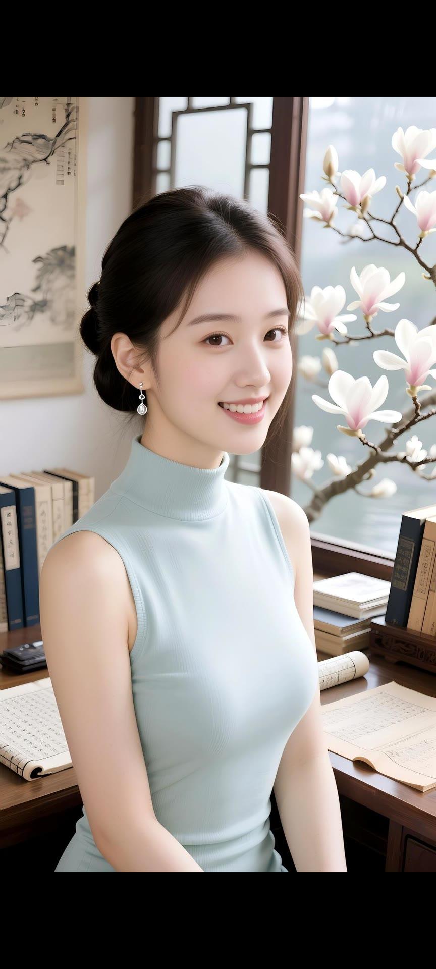 优雅蓝裙少女，微笑在窗边，书香与花香交织的静谧时光。