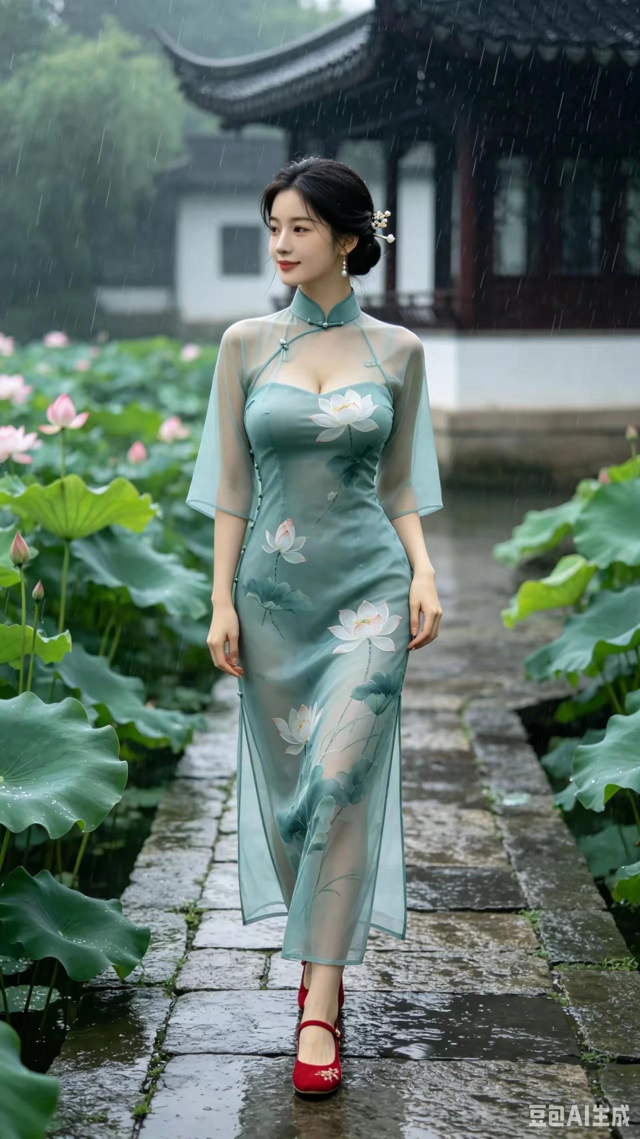 上联：荷花遍爱多情雨，下联：鸳鸯戏水共缠绵。