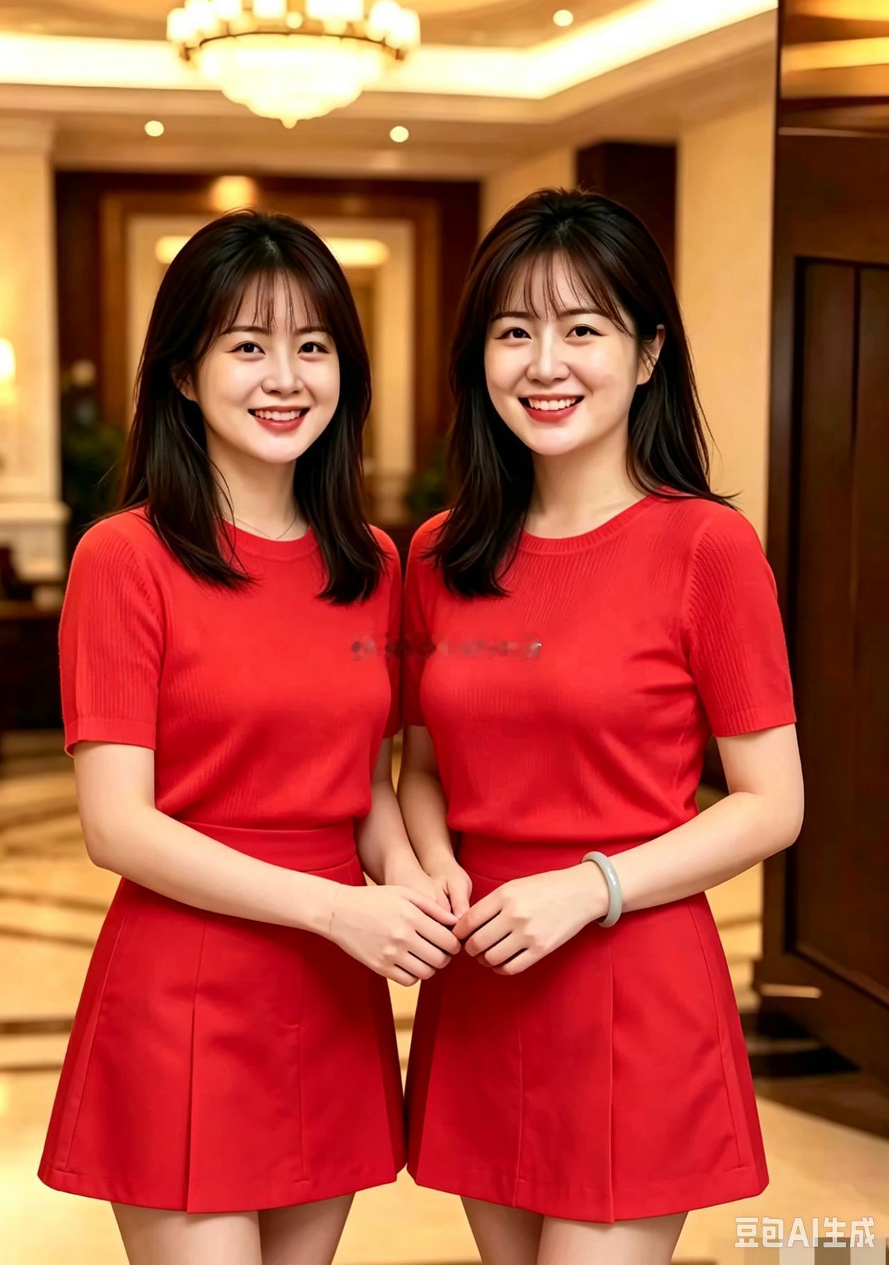 双姝合影一身素净笑盈盈，眉眼相似韵自生。面容温婉神态俏，气质柔和一样