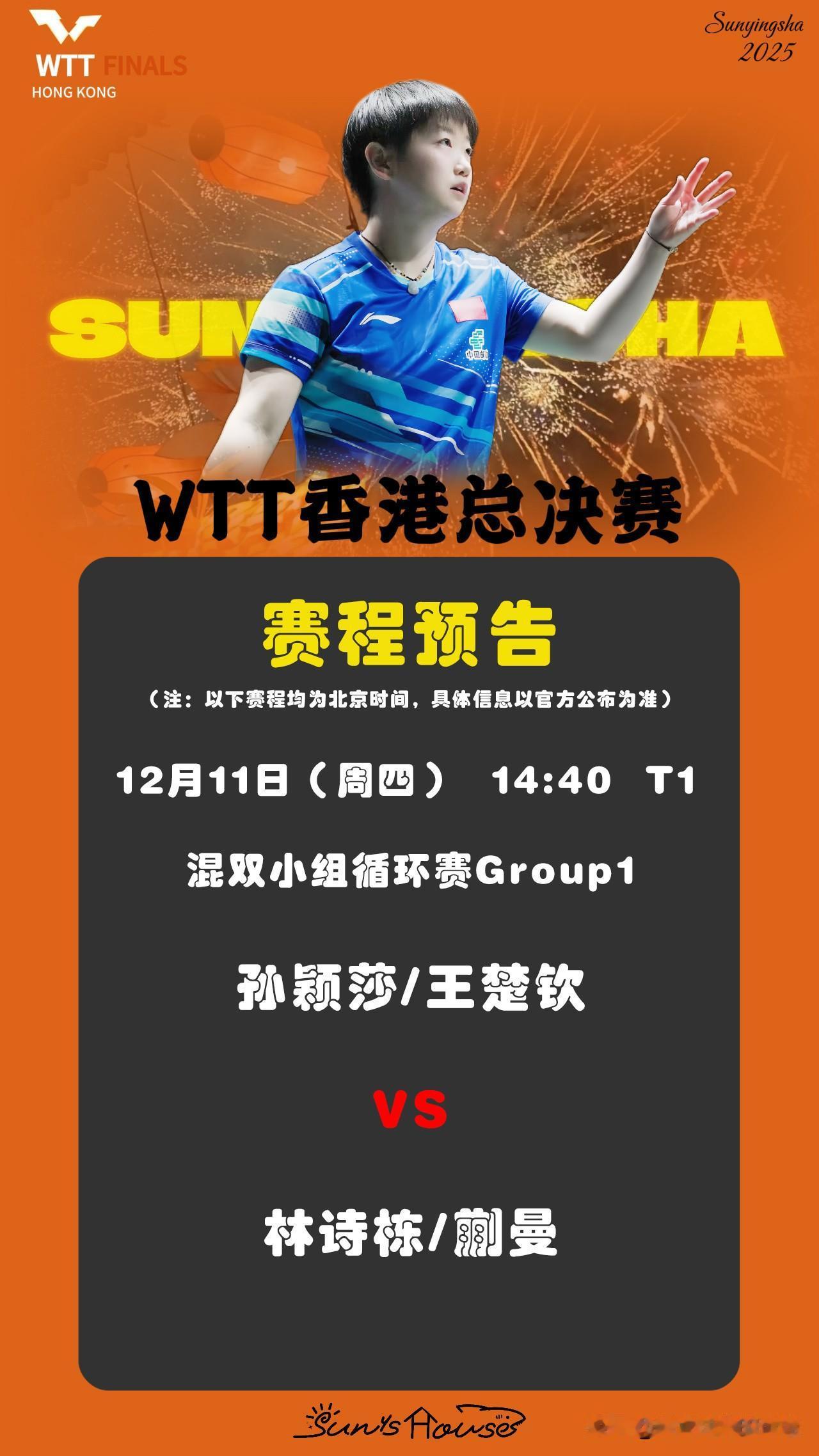 孙颖莎今日赛程预告：两场“内战”1、12月11日（周四）14:40混双小组