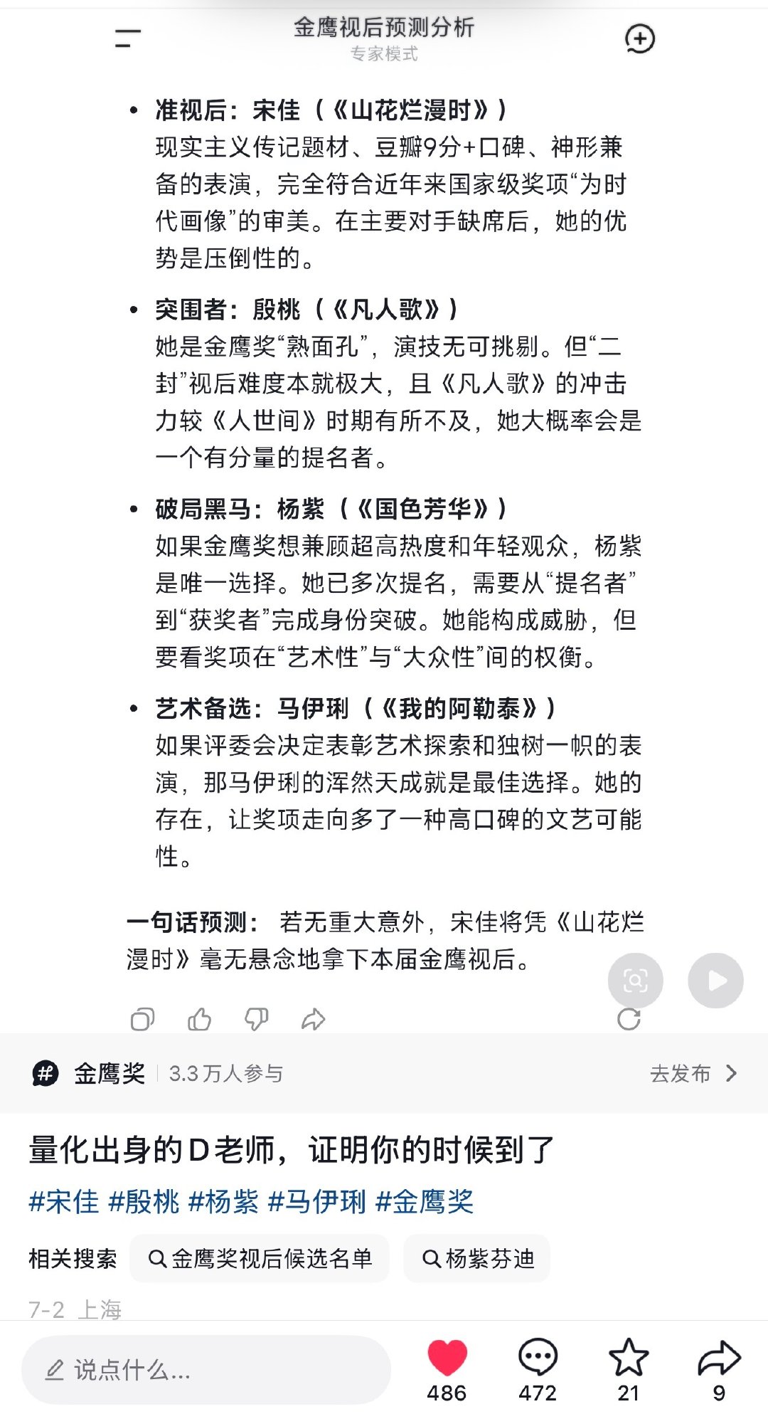 #金鹰奖提名名单#DeepSeek预测四个中了三个，D老师，您是有真本事的[并不简单][并不简单][