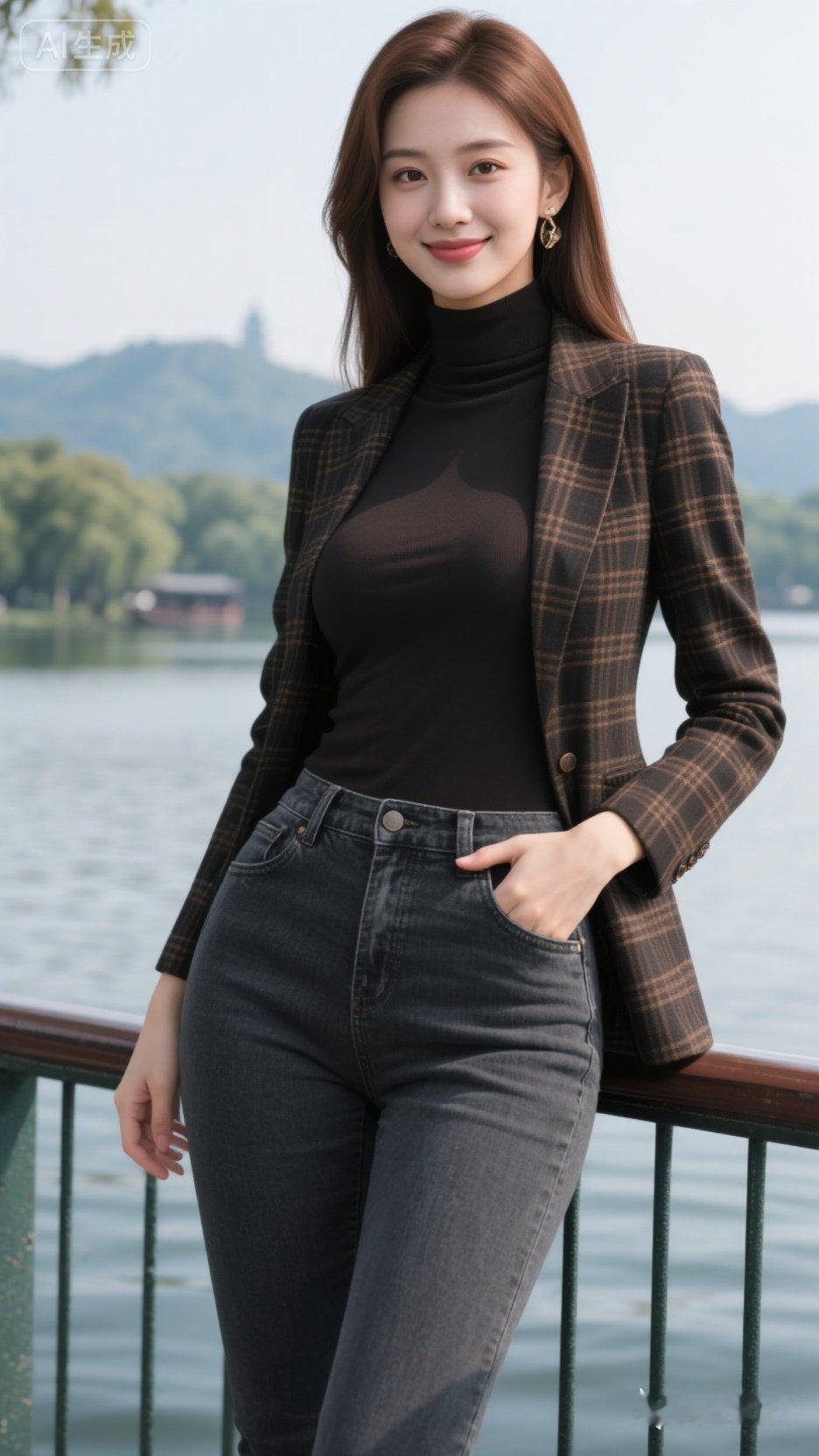 高挑高颜值美女，棕色头发，冷白皮肤，胸形饱满，唯美迷人，注视着镜头浅笑，弹力修身