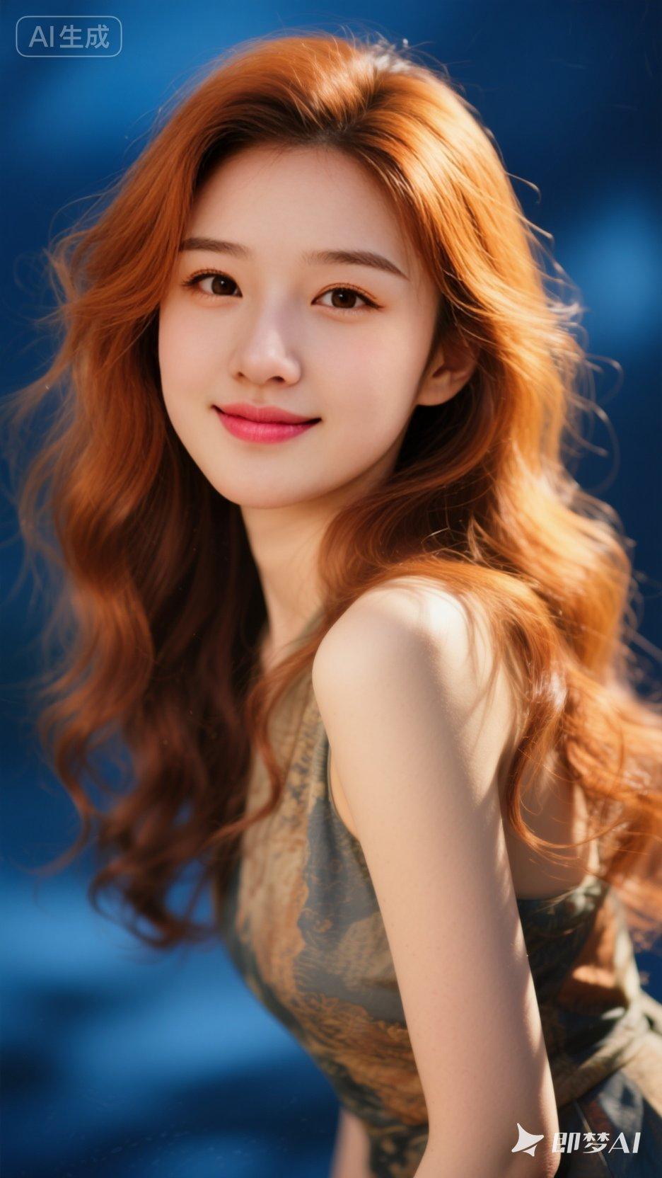 东方美人，肤白细腻光滑，温婉大气，金红色长发飘逸微卷，深蓝色背景朦胧