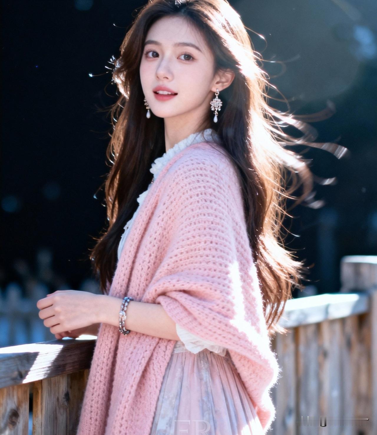 一个长发美女在木栏旁微笑。