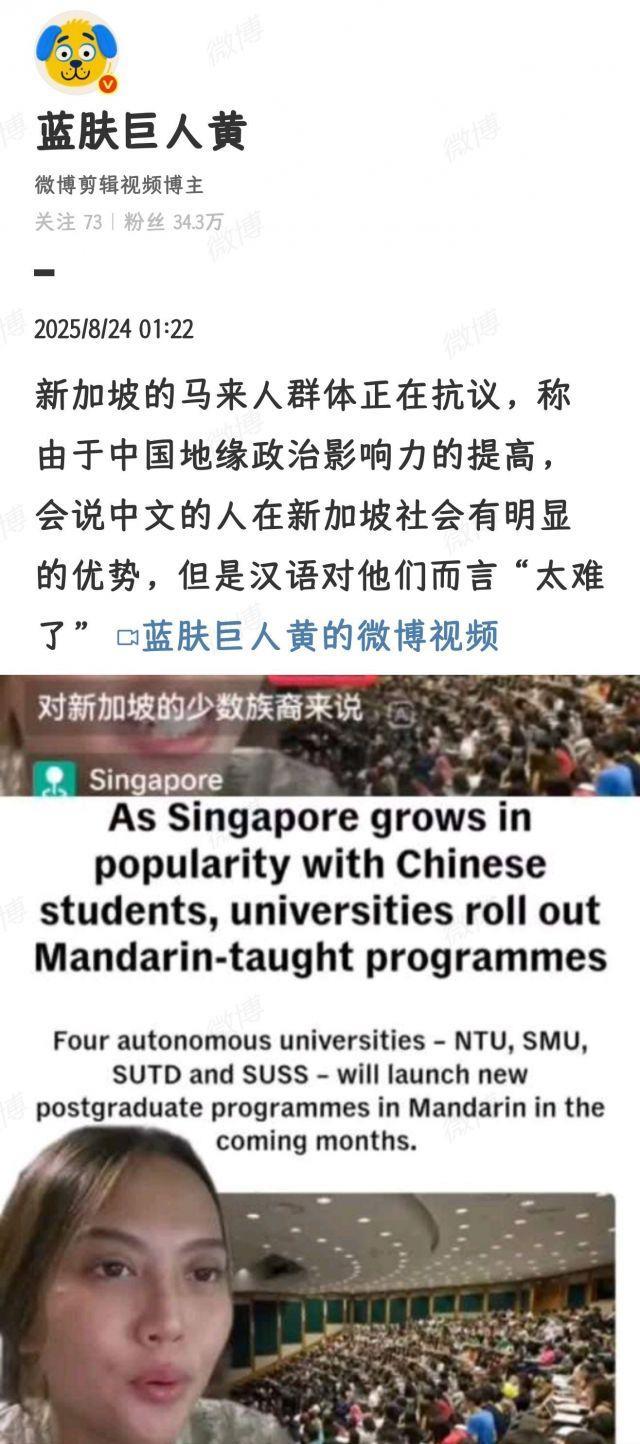 新加坡的马来人抗议中文优势，恰恰说明中国的影响力越来越大了。刚刚看到一个视频，