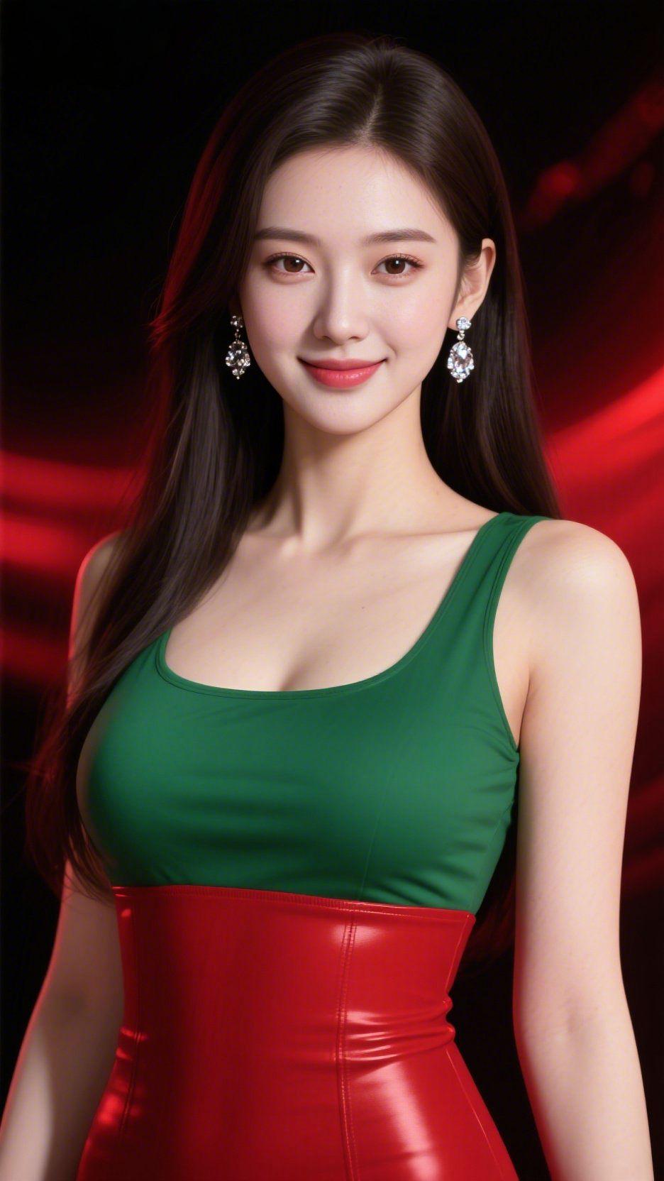 红与绿的轻软余韵墨发垂落时，她是暗夜里浸了柔光的帧。祖母绿背心衬着舒