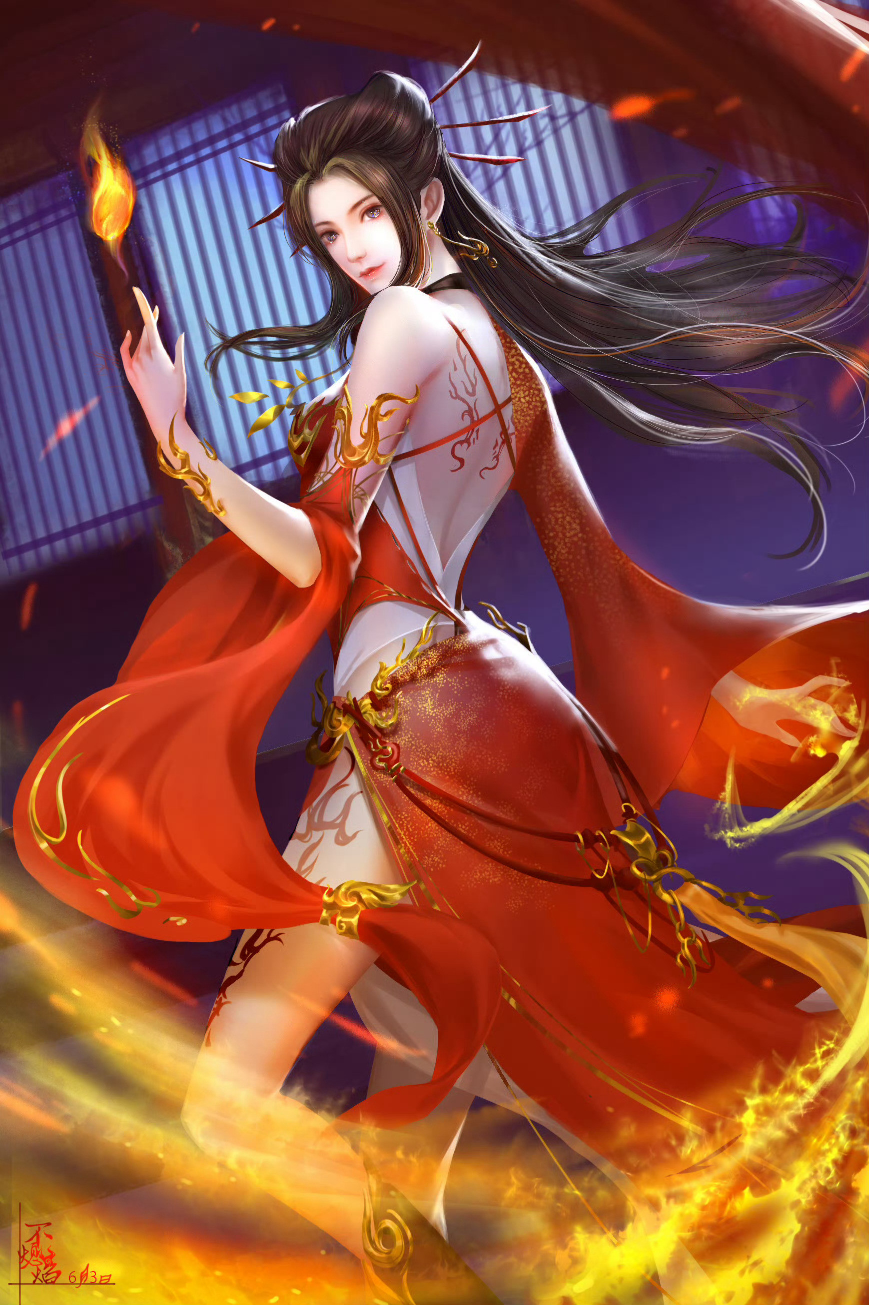 焰灵姬1124生日快乐天行九歌焰灵姬焰灵姬火舞红衣映月寒，青丝掠影踏风还。掌中