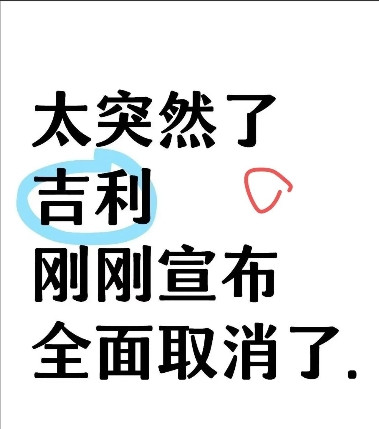 太突然了吉利刚刚宣布全面取消了吉利最近做出了一个颇具冲击力的决定：全面取消提