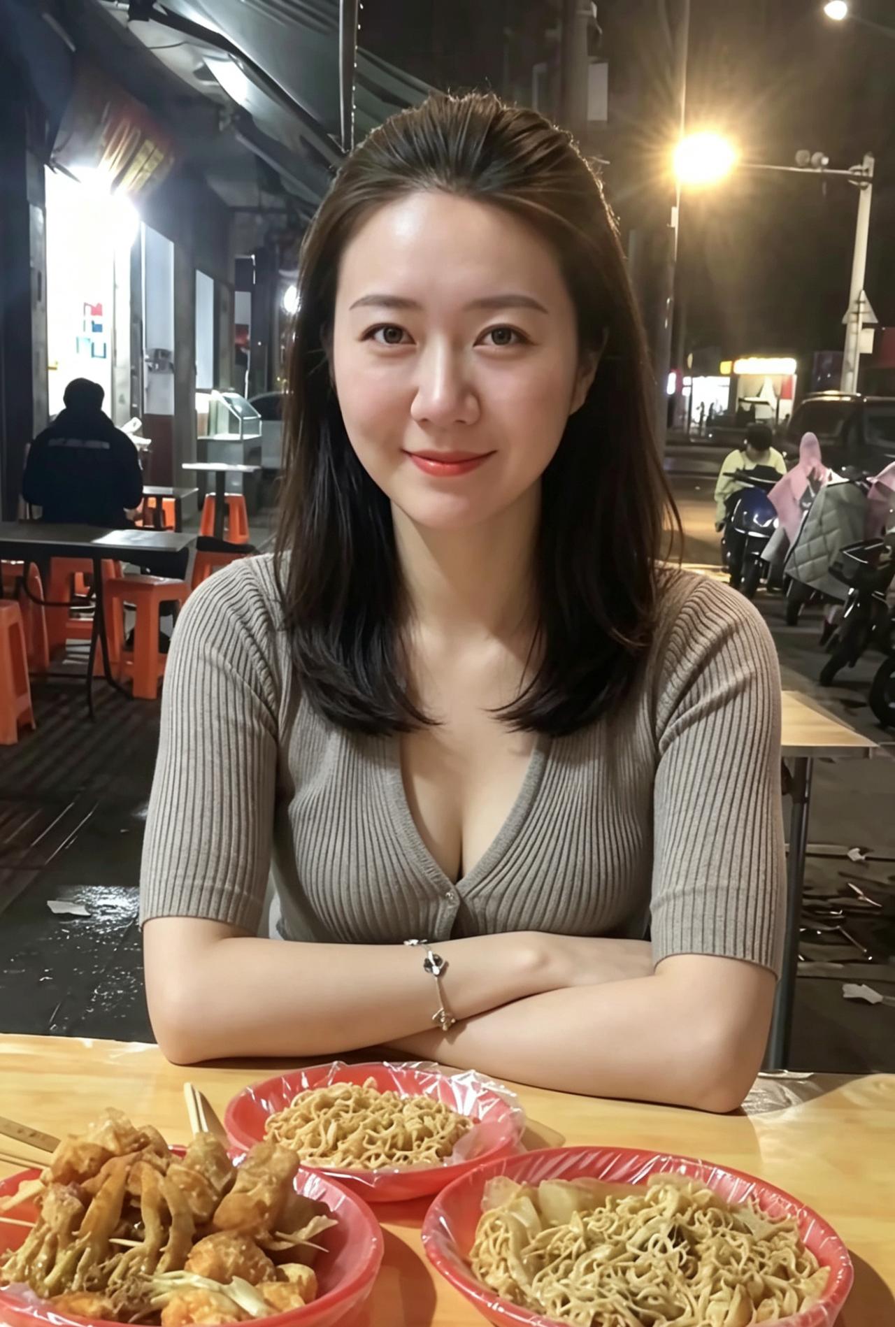 路灯把背景揉成暖黄，你笑着望向镜头，眼里盛着温馨柔软的光。美食冒着热气，