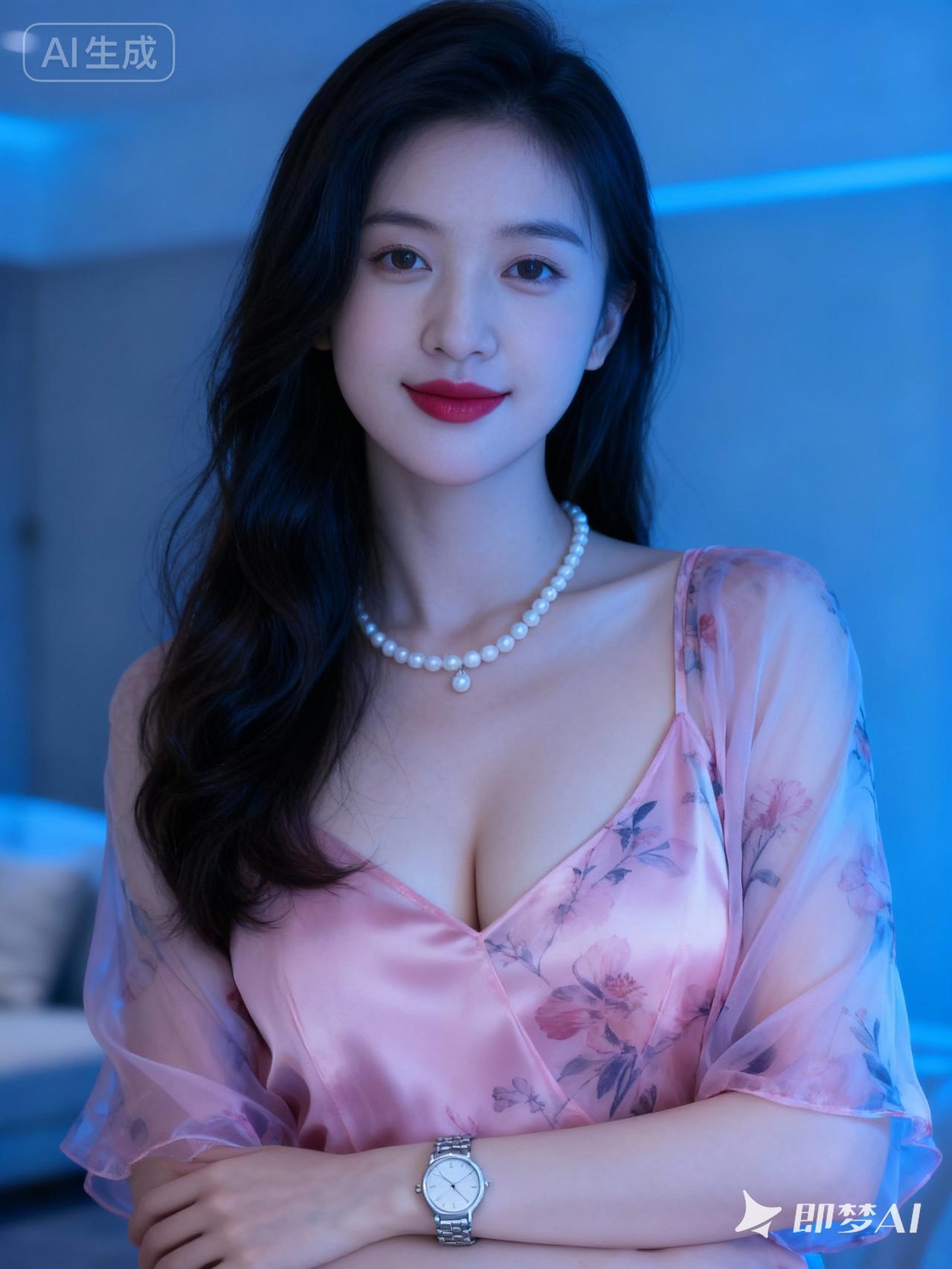 一位年轻漂亮的美女，身穿时尚粉色丝绸雪纺薄款纱质印花上衣，有着精致妆容，温和微笑