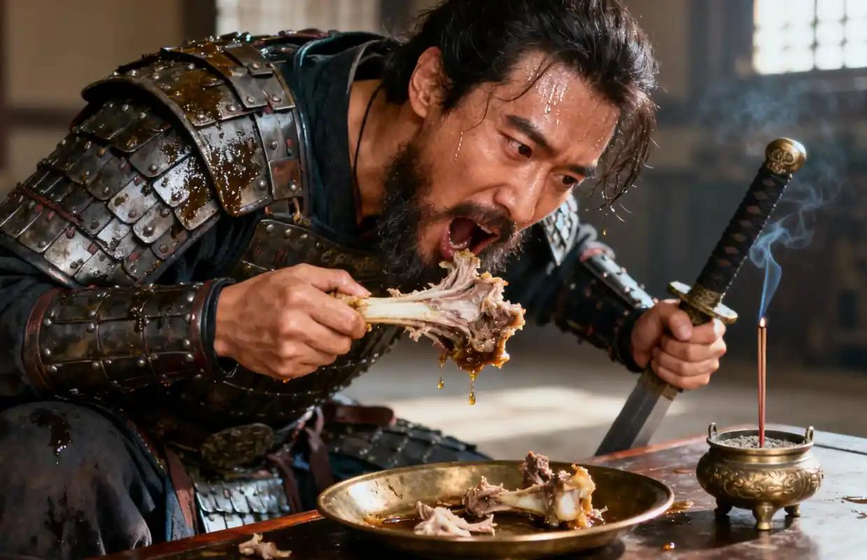 朱元璋为试探大将，命他1炷香内吃掉3斤滚烫猪肉，大将吃了2斤9两突然停下，叩首道