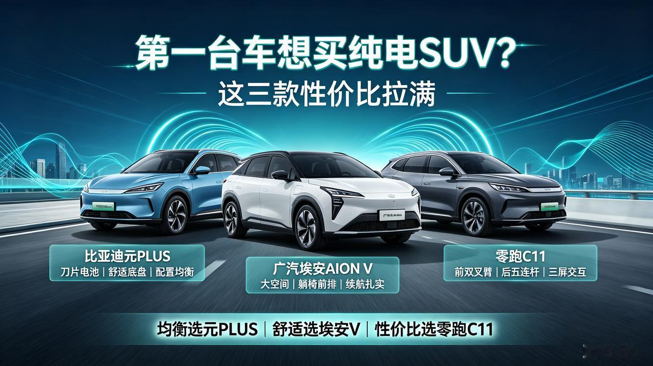 第一台车想买纯电SUV？这三款性价比拉满。比亚迪元PLUS——全球热销车型，刀