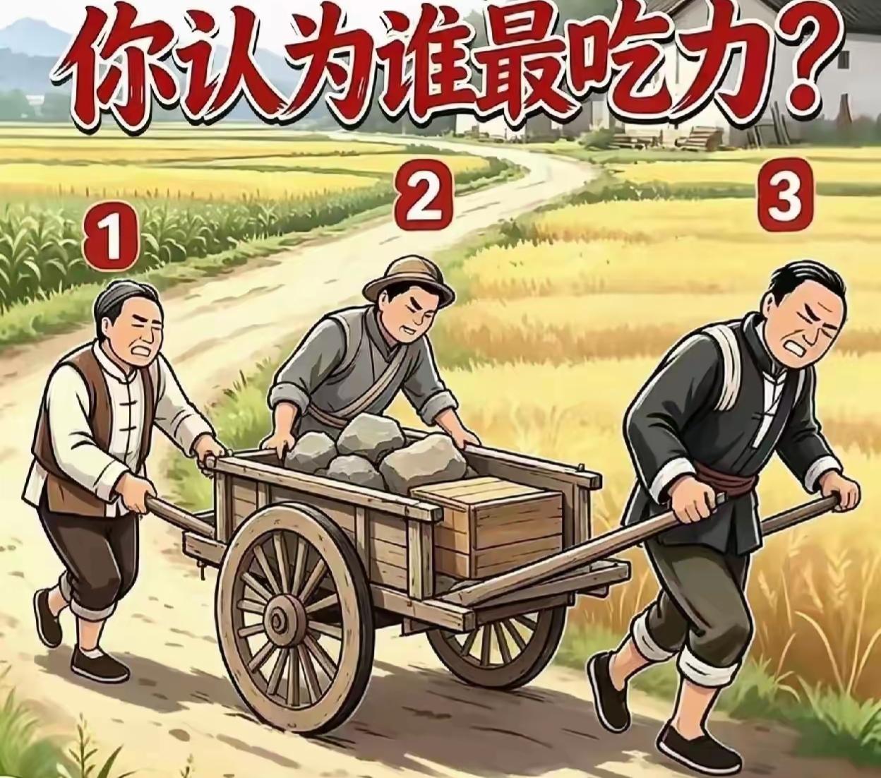 这仨人谁力气最大？123号谁这累呢？看看你的眼力，等着你的答案。[作揖][玫瑰]