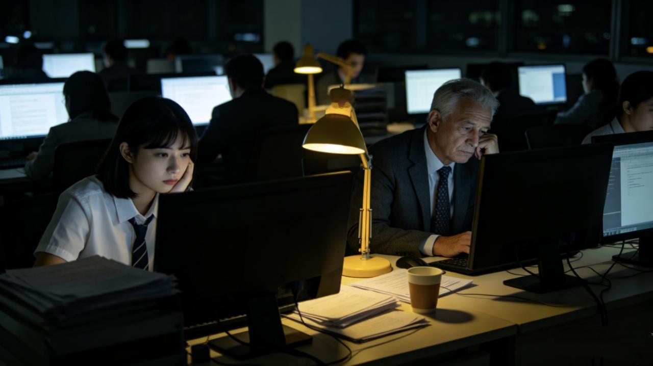 公司新来了个实习生，第一天就被安排跟老员工一起加班到晚上十点。第二天，他给部门