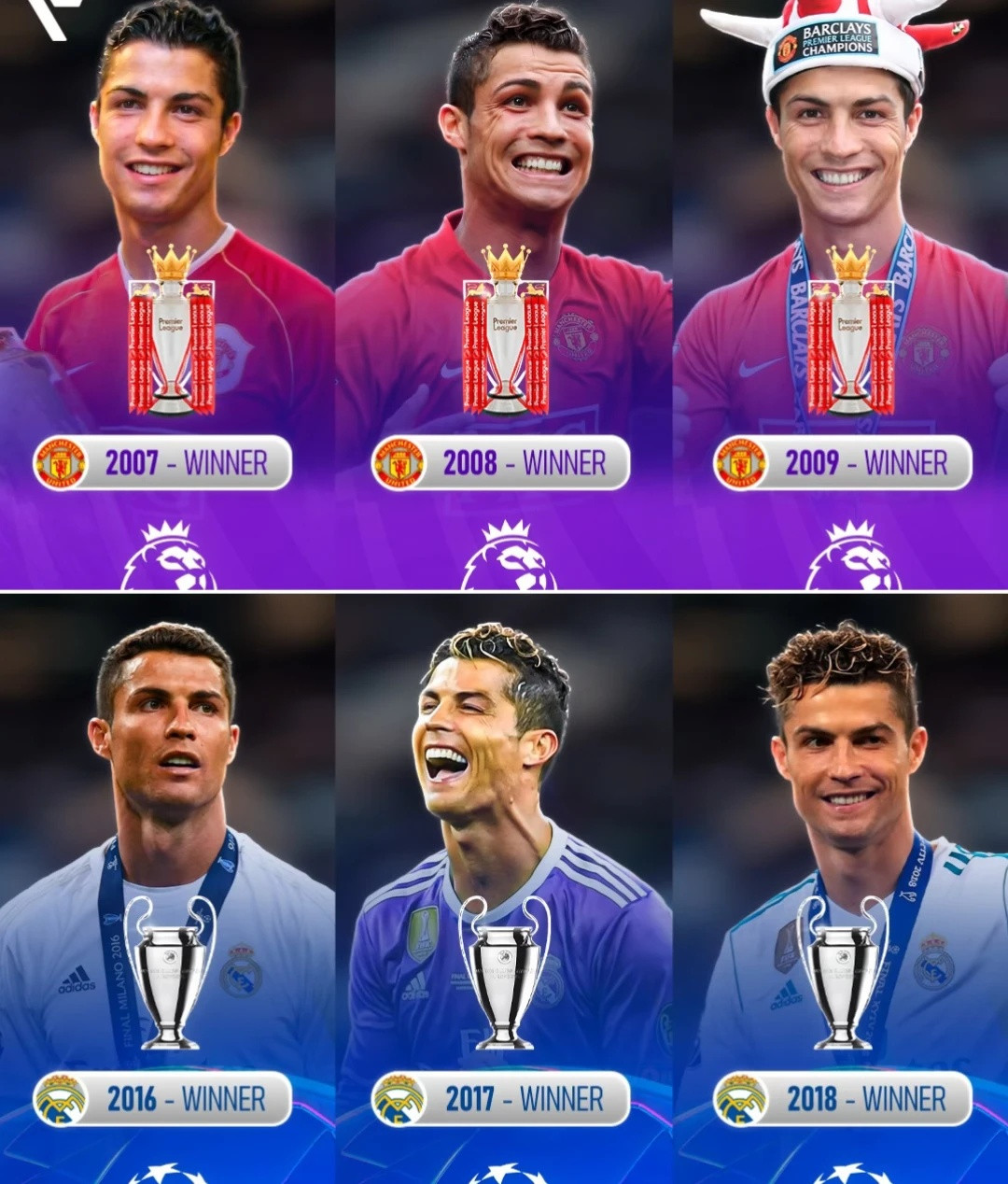 👑🏆足球历史上最伟大的俱乐部三连冠。🇵🇹克里斯蒂亚诺·罗纳尔多是历史上唯一一位连续三次赢得英