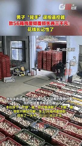 近日，山东济南，一女子的对象在仓库卸鸡蛋，因盲目自信，竟然背着手按遥控器，不料按