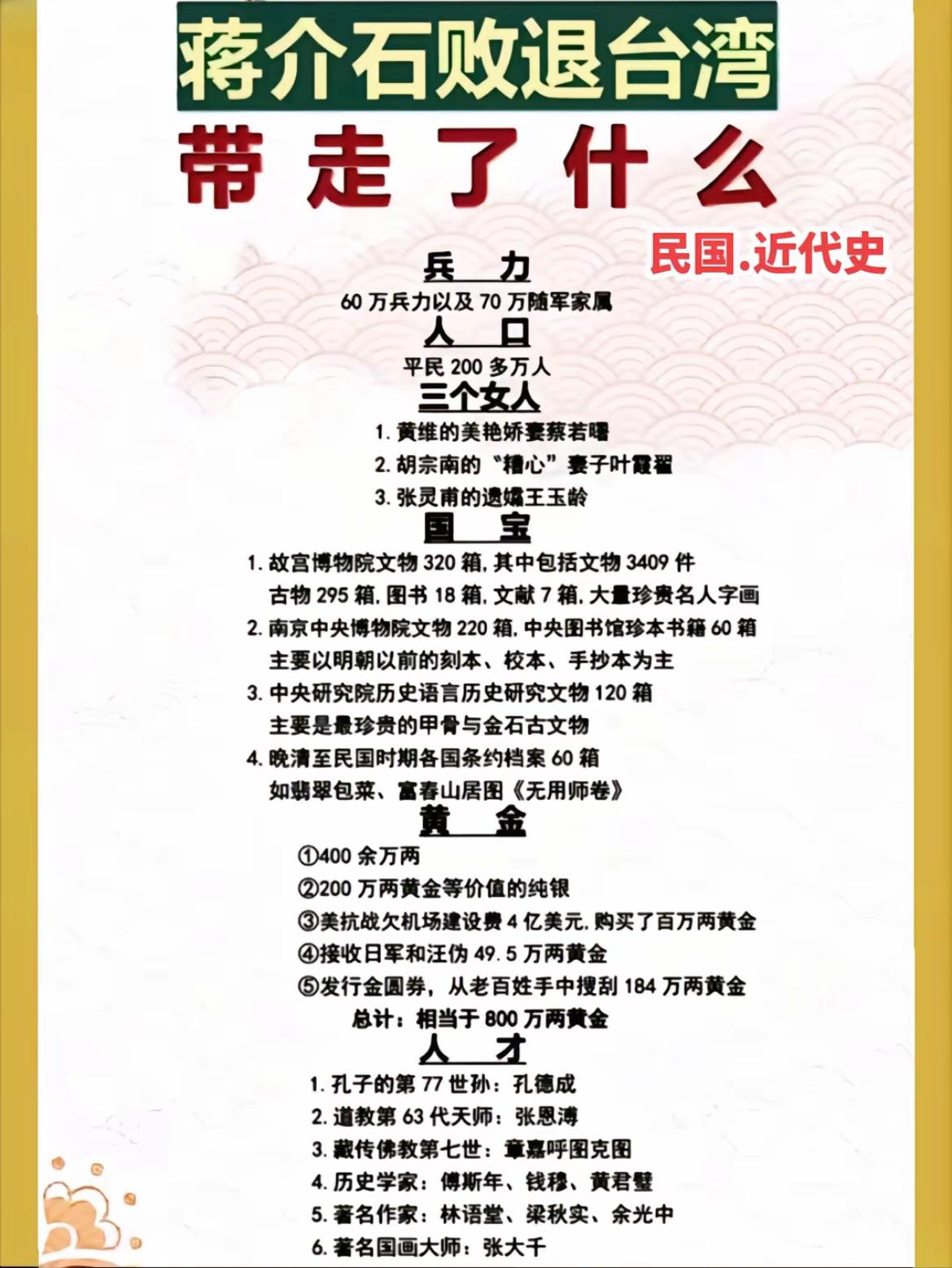 当年蒋某人退守湾湾，都带走了什么？我列了一张清单给大家。光光看着黄金的数量，就是