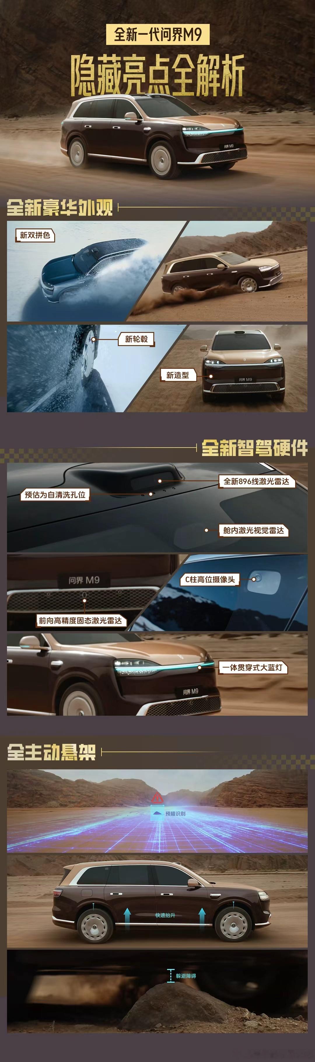 了解最新款问界M9，新外观，新颜色，新轮毂，首六激光方案。纯电版预计120度，大