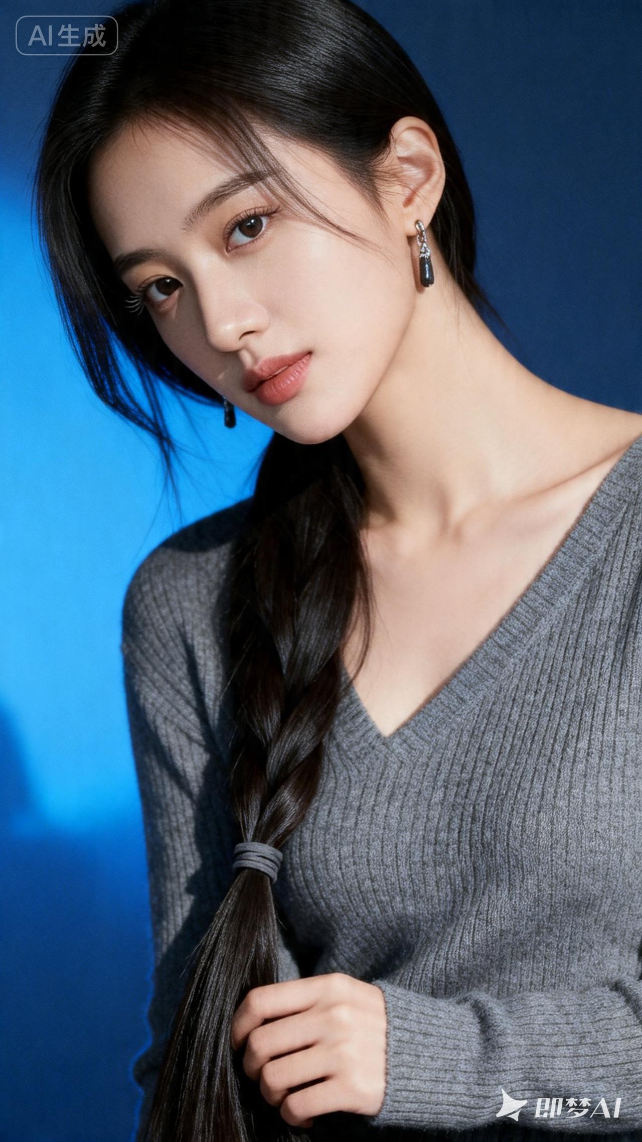 温柔御姐风，灰色毛衣搭配长耳环，气质满满！