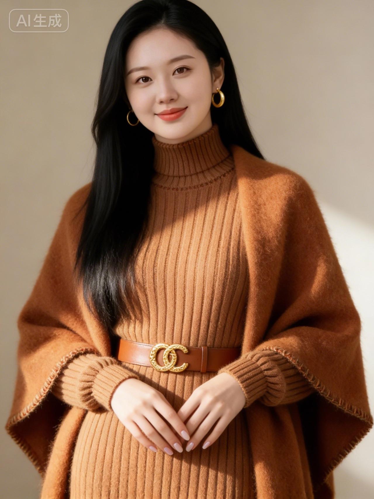 温柔冬日穿搭，暖棕色毛衣搭配时尚腰带，尽显优雅气质！🌟💖