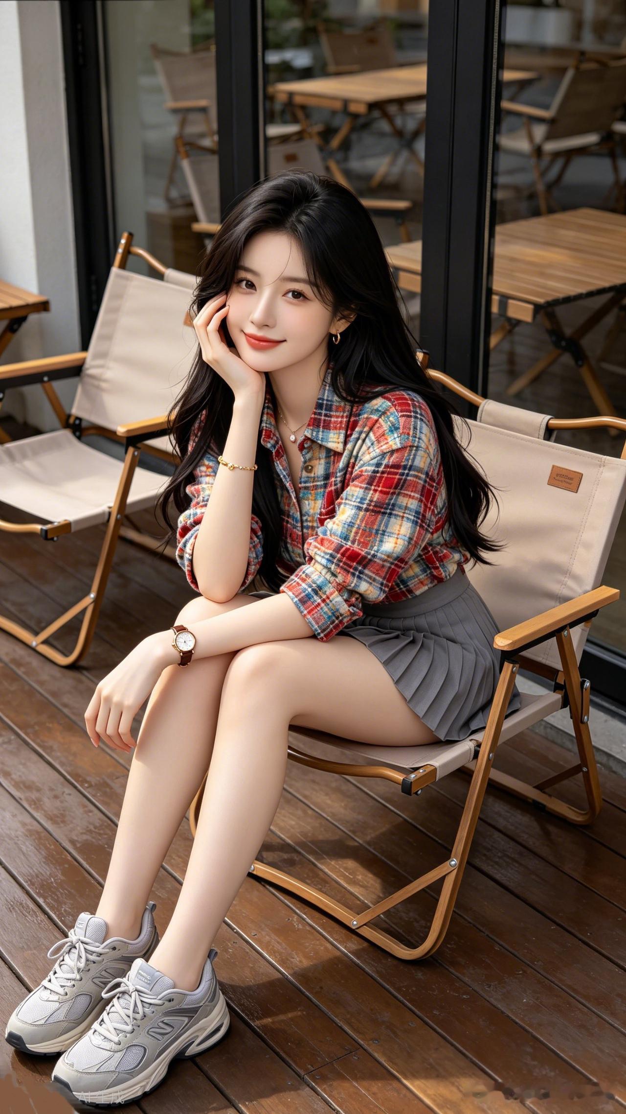 你喜欢哪一种气质的美人?元气少女穿搭休闲格子衬衫+灰色短裙，搭配运动鞋，轻松