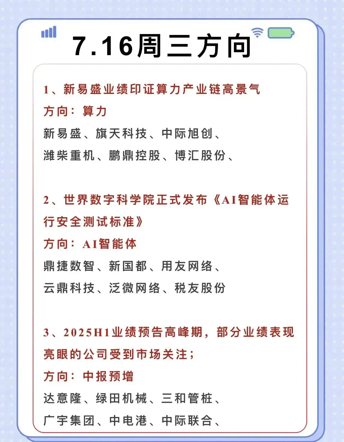 以下是2025年7月16日（周三）股票市场重点方向的系统总结：一、核心热点方